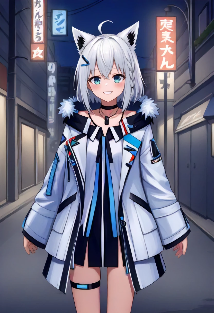 score_9 BREAK source_anime, 1girl, street, night, cowboy shot, fubukitechwear, white jacket, fur-trimmed jacket, hairclip, dog tags, choker, white microdress, black microdress, thigh strap, blue ribbon, white hair, single side braid, ahoge, smile<lora:fubukiXL-07:0.9>