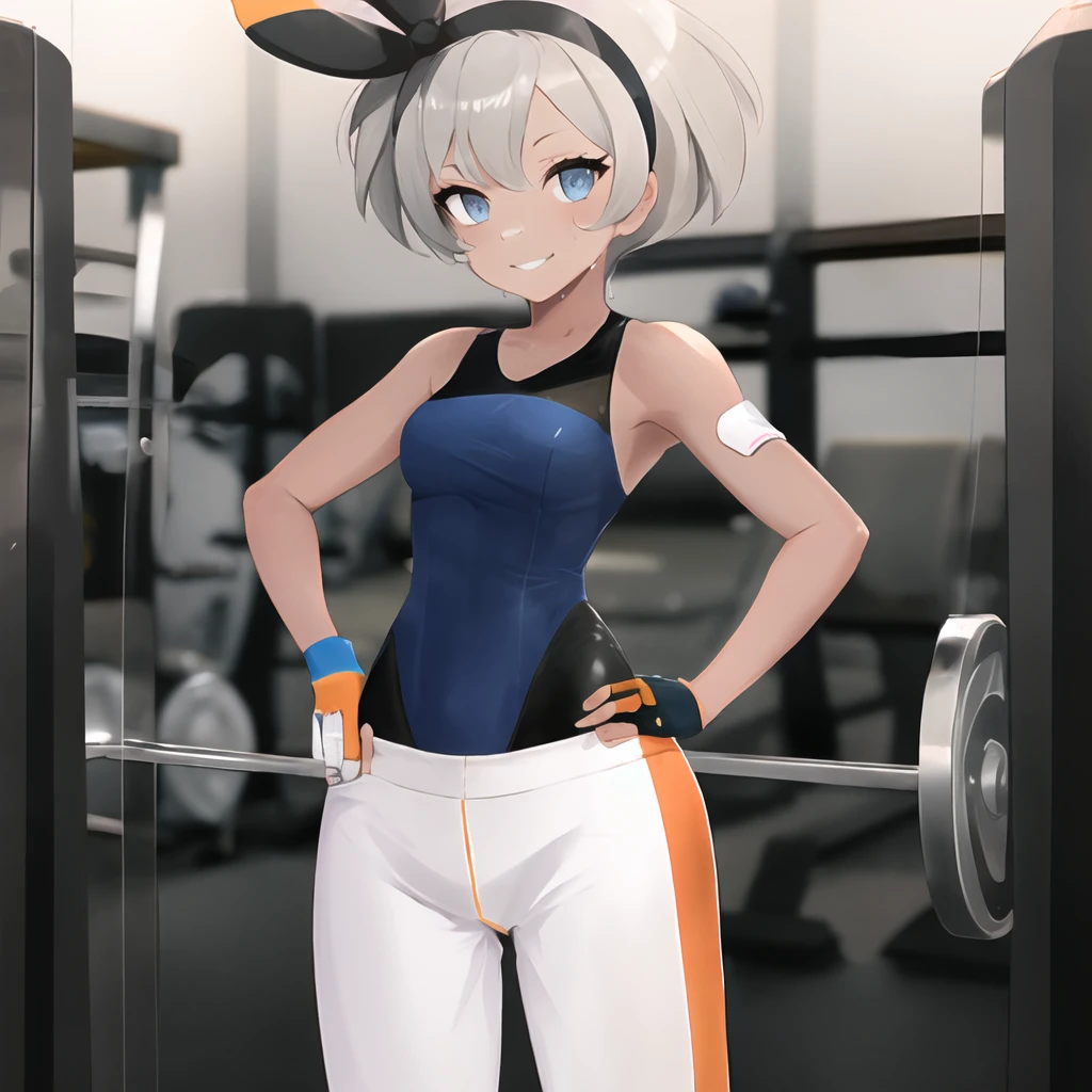 masterpiece, best quality, highly detailed, 1girl, solo, <lora:bea_pokemon-08:1> (bea_pokemon:1.3),
grey hair, grey eyes, hairband, black hairband, dark skin, dark-skinned female, seductive smile,
standing, cowboy shot, hands on hips, abs, (gym:1.4),
<lora:maylene_outfit-06:1> (maylene_outfit:1.4), leotard, blue leotard, bodysuit, blue bodysuit, pants, white pants, sweatpants, barefoot, feet, bandaid, bandaid on face, blue gloves, fingerless gloves