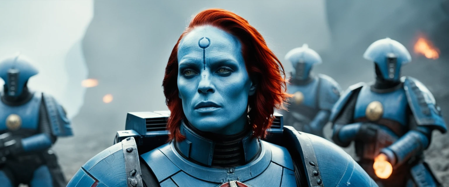 cinematic film still from a Warhammer 40k live action adaptation, featuring a closeup shot of a beautiful T'au female Fire Warrior, (blue skin), red hair, undercut, battlesuit, cinematic lighting, complex background, sci-fi, , epic, masterpiece, highest quality
<lora:Tau:1>