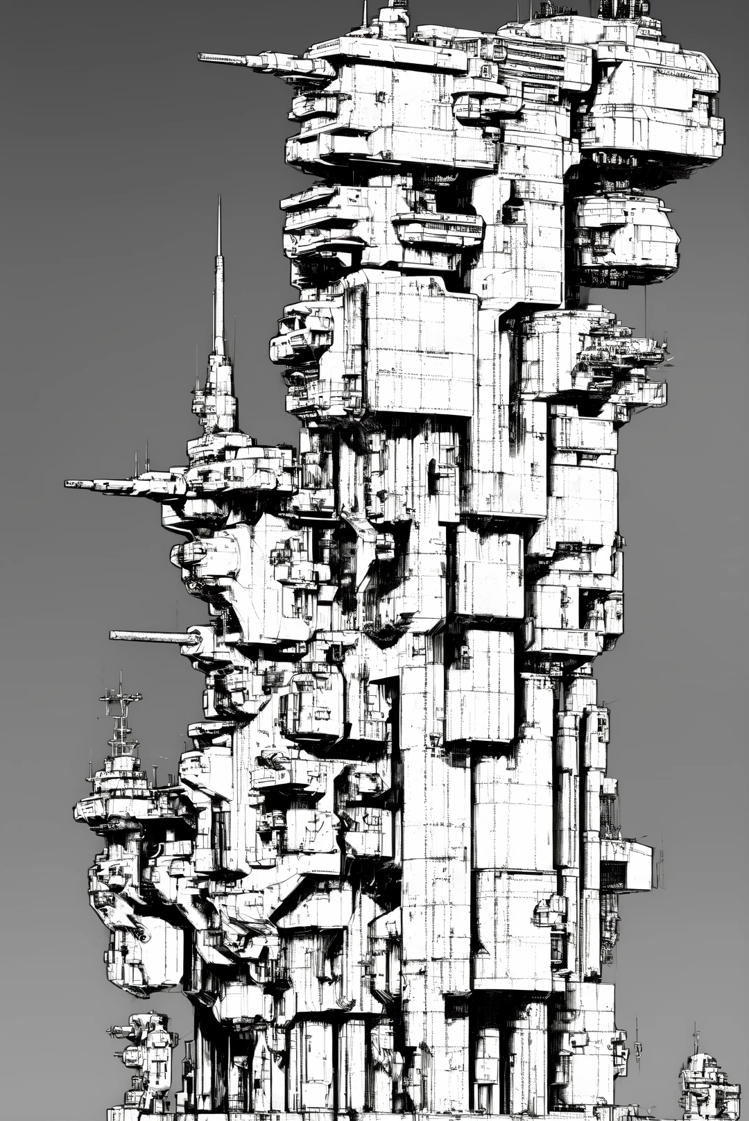 <lora:CyberBuild:1>CyberPunkBuilding, monochrome,greyscale,grey background,english text,military,no humans,turret,cannon,military vehicle,watercraft,ship,concept art,warship,battleship,