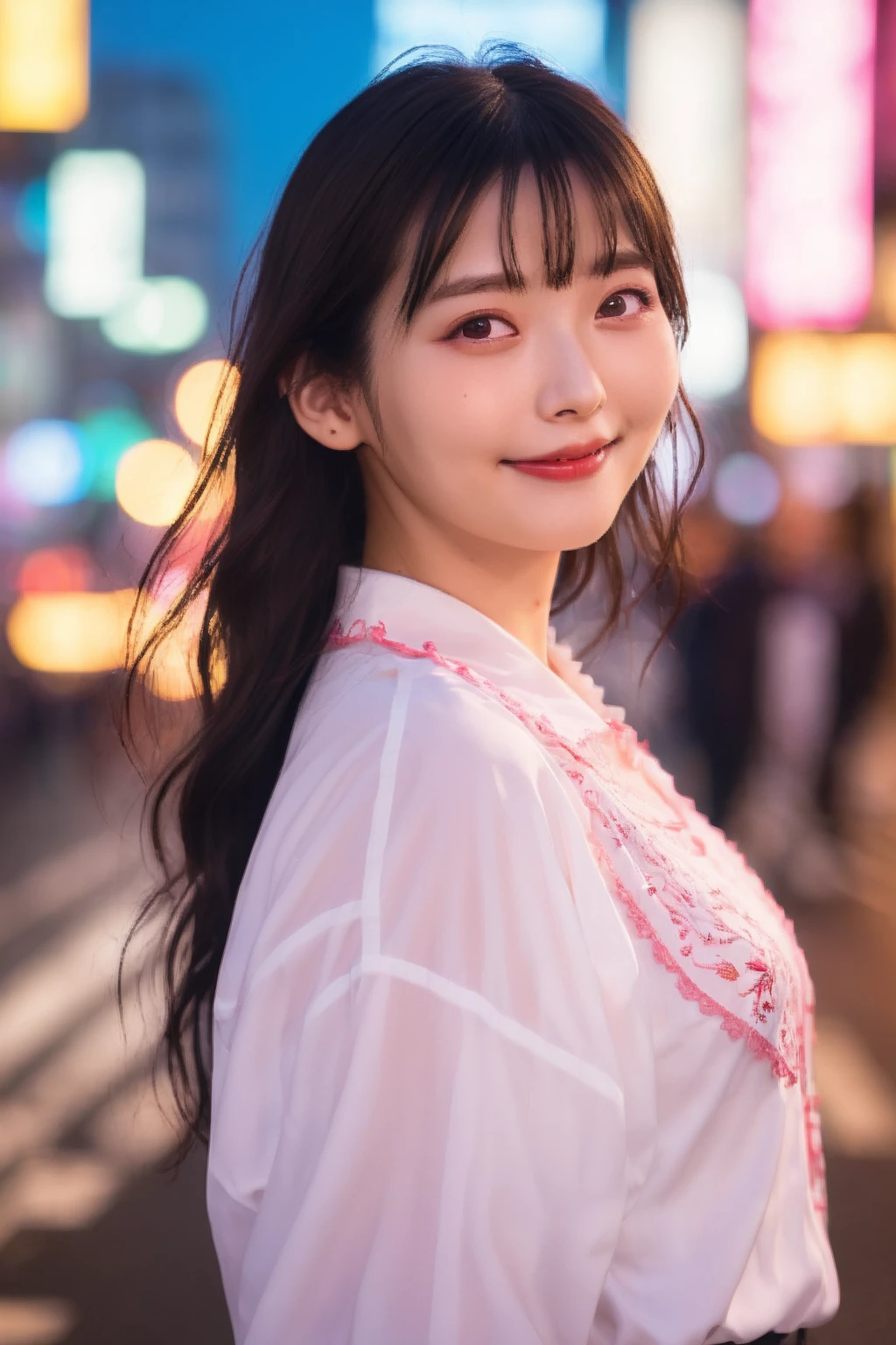 1girl,japanese girl,(RAW photo, best quality), (realistic, photo-realistic:1.4), masterpiece, an extremely delicate and beautiful, extremely detailed, 2k wallpaper, Amazing, finely detail, extremely detailed CG unity 8k wallpaper, ultra-detailed, highres, hard light, beautiful detailed girl, extremely detailed eyes and face, beautiful detailed nose, beautiful detailed eyes,cinematic lighting,perfect anatomy,
on the streets of shibuya,tokyo, neon lights,city lights at night,crowd,(bokeh:1.2)
(wearing blouse) <lora:UesakaSumireXL-000006:1>,smiling