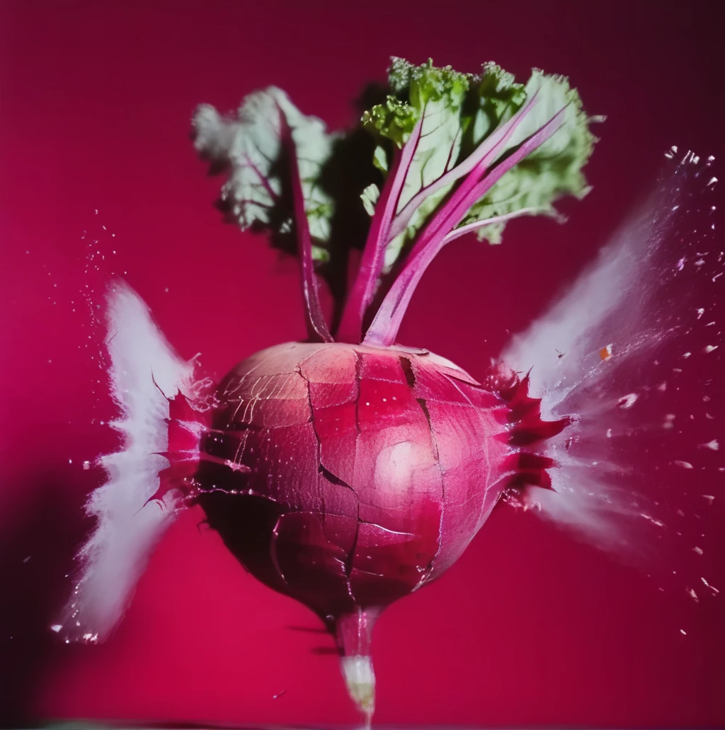 motioshot a bullet piercing a beetroot, exploding beetroot petals high-speed photography <lora:motioshot:1>