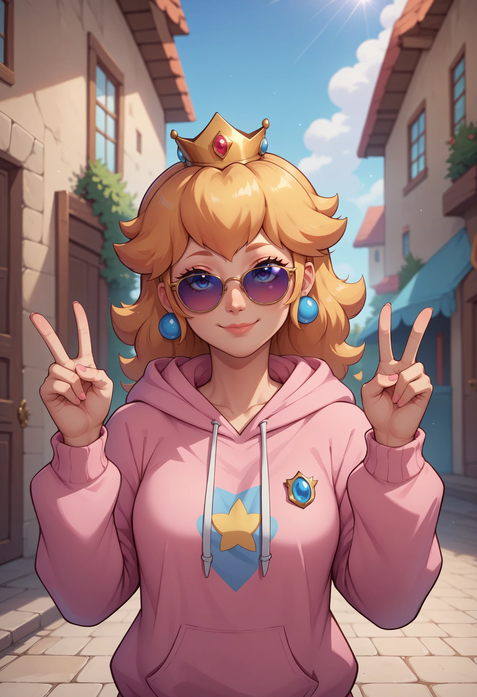 score_9, score_8_up, score_7_up, score_6_up, BREAK princess peach,hoodie,crown,sunglasses,smile,double v <lora:mfcgXL:0.8>