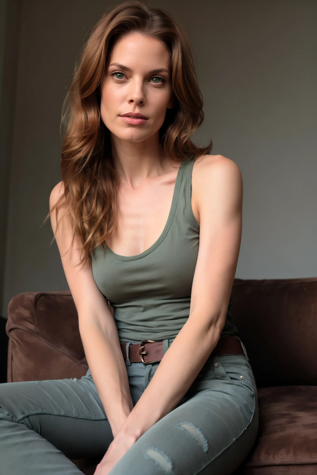 1girl, arm tattoo, belt, breasts, brown hair, denim, green eyes, jeans, lips, long hair, looking at viewer, medium breasts, pants, realistic, sitting, solo, tank top, tattoo, woman <lora:MJ_RED_1_SD15_V1:0.75> mjred1
