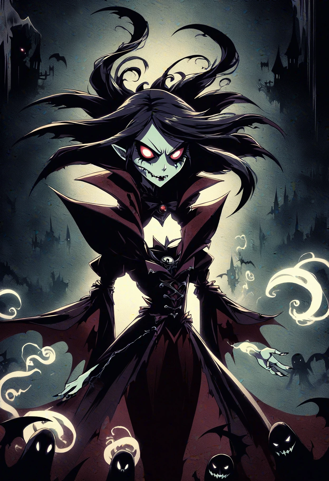 DonMD4rkT00nXL anime female energy vampire- eerie, shadowy figures with glowing eyes and tendrils that siphon energy, <lora:DonMD4rkT00nXL-000008:1>