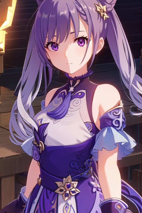 keqing, <lora:genshin keqing ingame-lora-nochekaiser:1>,
keqing, long hair, bangs, hair ornament, twintails, (purple eyes:1.1), purple hair, braid, hair bun, double bun, cone hair bun,
BREAK gloves, dress, bare shoulders, detached sleeves, choker, purple dress, purple gloves,
BREAK outdoors,
BREAK looking at viewer, (cowboy shot:1.5),
BREAK <lyco:GoodHands-beta2:1>, (masterpiece:1.2), best quality, high resolution, unity 8k wallpaper, (illustration:0.8), (beautiful detailed eyes:1.6), extremely detailed face, perfect lighting, extremely detailed CG, (perfect hands, perfect anatomy),