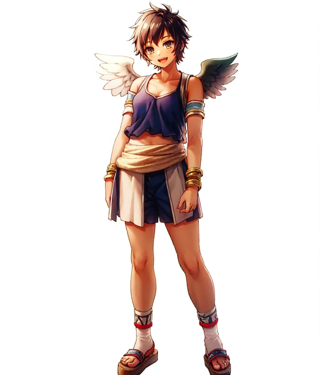 masterpiece, white background, simple background , standing, full body, 1girl, solo, looking at viewer, very short hair, tomboy, open mouth, smile. toga, ((tan)), grey eyes, mechanic angel wings, golden wristbands, sandals <lora:Females Suiko:0.8>