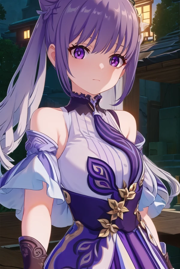 keqing, <lora:genshin keqing ingame-lora-nochekaiser:1>,
keqing, long hair, bangs, hair ornament, twintails, (purple eyes:1.1), purple hair, braid, hair bun, double bun, cone hair bun,
BREAK gloves, dress, bare shoulders, detached sleeves, choker, purple dress, purple gloves,
BREAK outdoors,
BREAK looking at viewer, (cowboy shot:1.5),
BREAK <lyco:GoodHands-beta2:1>, (masterpiece:1.2), best quality, high resolution, unity 8k wallpaper, (illustration:0.8), (beautiful detailed eyes:1.6), extremely detailed face, perfect lighting, extremely detailed CG, (perfect hands, perfect anatomy),