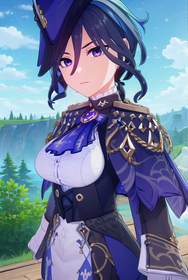 genshinclorinde, <lora:genshin clorinde ingame-lora-nochekaiser:1>,
clorinde, blue hair, (purple eyes:1.1), short hair, streaked hair,
BREAK skirt, gloves, hat, jacket, pantyhose, white gloves, blue headwear, ascot, pauldrons, brooch, corset,
BREAK outdoors,
BREAK looking at viewer, (cowboy shot:1.5),
BREAK <lyco:GoodHands-beta2:1>, (masterpiece:1.2), best quality, high resolution, unity 8k wallpaper, (illustration:0.8), (beautiful detailed eyes:1.6), extremely detailed face, perfect lighting, extremely detailed CG, (perfect hands, perfect anatomy),