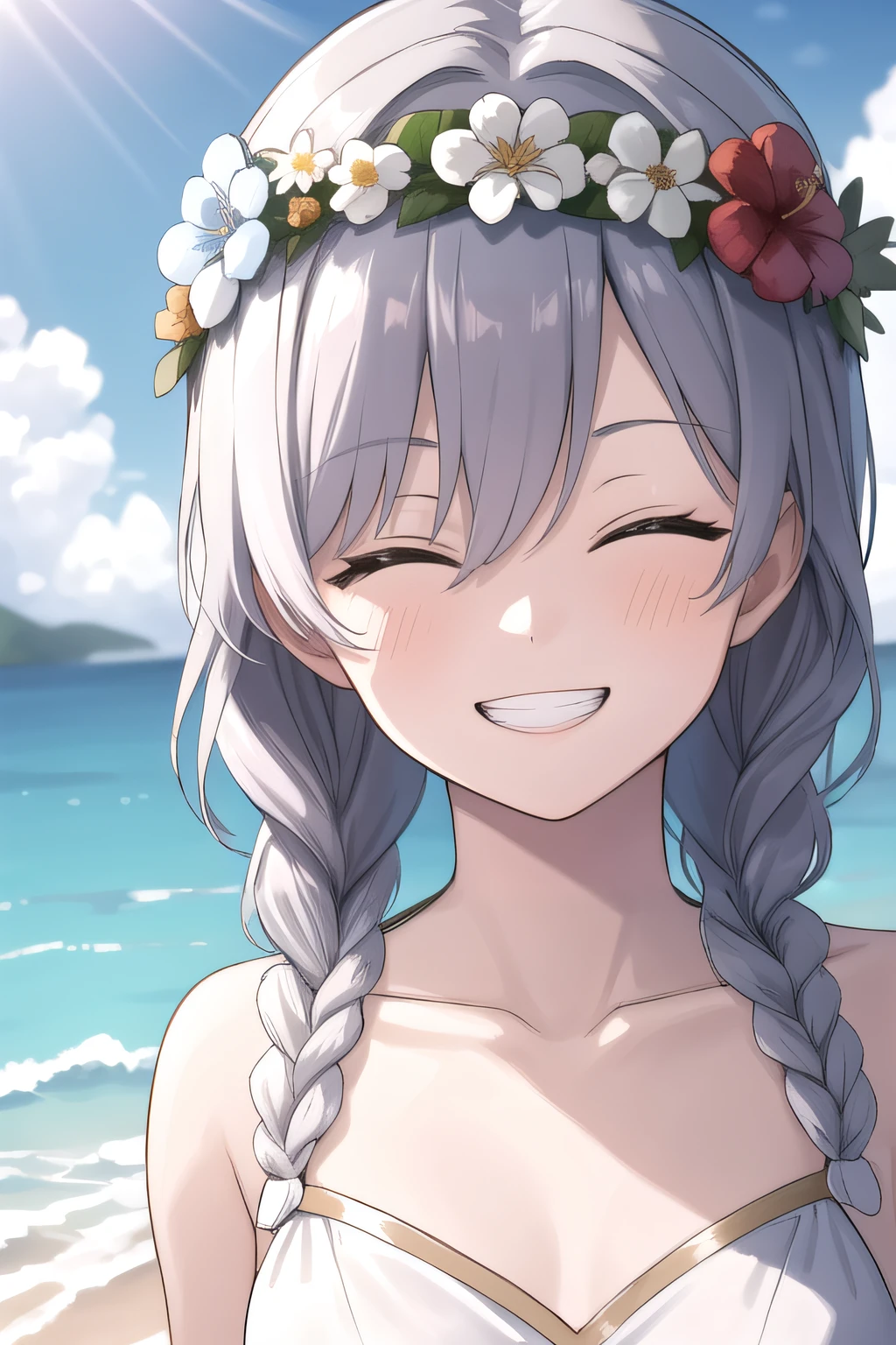 (masterpiece:1.2), best quality, high resolution, unity 8k wallpaper, (illustration), extremely detailed face, perfect lighting, extremely detailed CG, 1girl, solo, <lora:Ana:0.6>, ana, smile, dress, twin braids:1.2, hair over eye, dress swimsuit, white dress, looking at viewer, beach, ocean behind, grin, teeth, close up, portrait, closed eyes, collarbone, small lips, flower wreath
