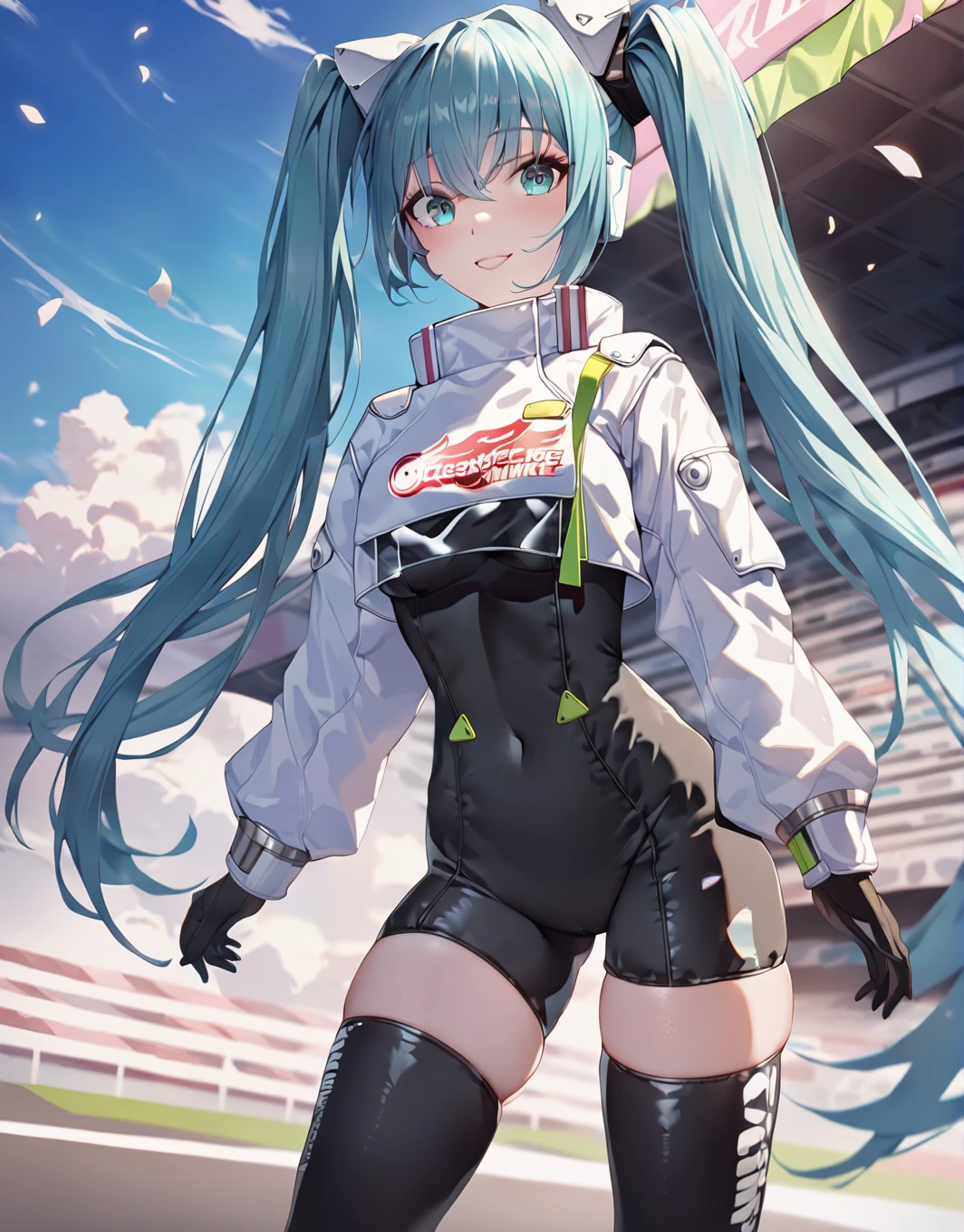 masterpiece, best quality,1girl,racing miku \(2022\), aqua eyes, aqua hair, long hair, twintails,black bodysuit, bangs, outdoors, light smile, small breasts, white jacket, cropped jacket, thighhighs, standing