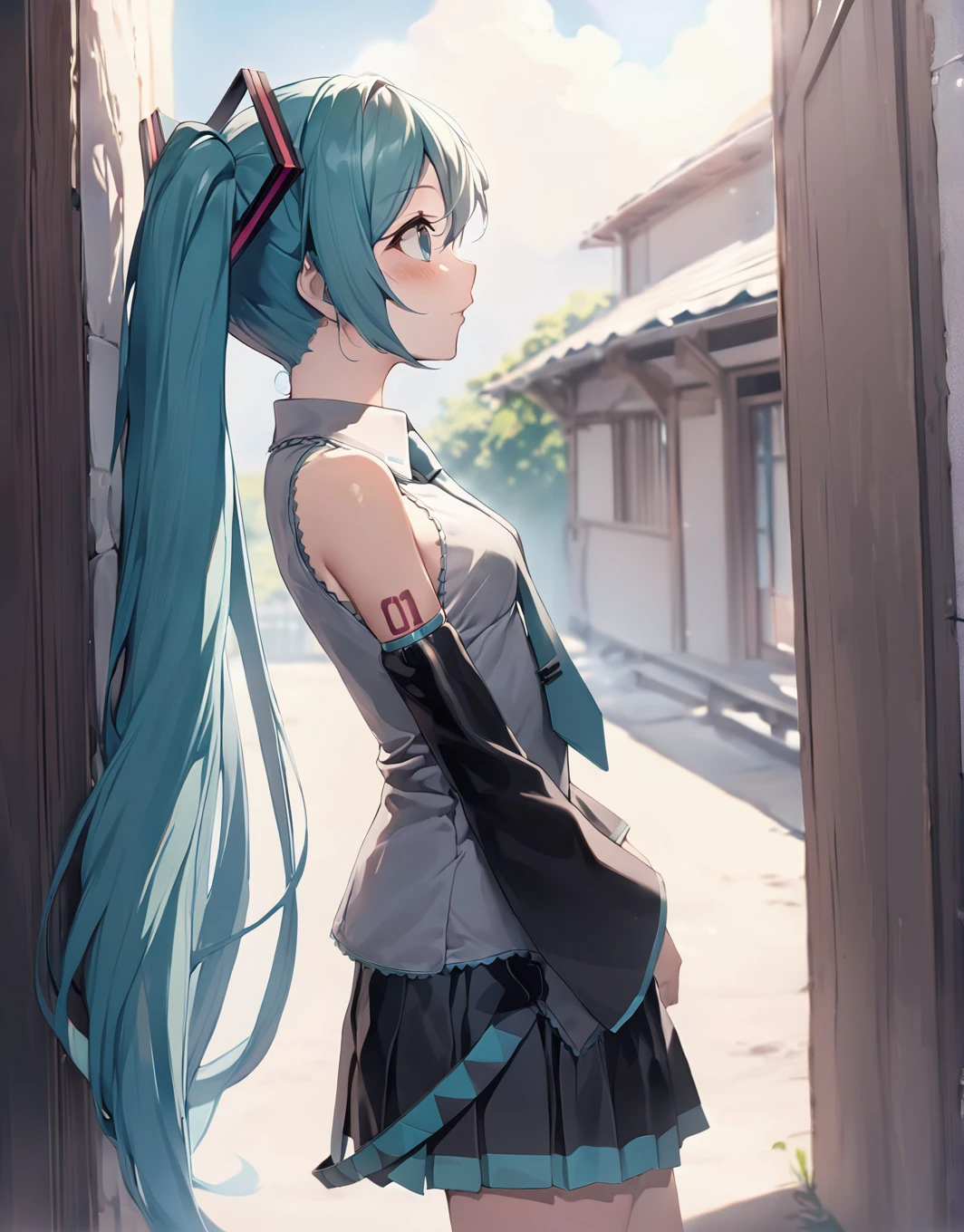 masterpiece, best quality,1girl,hatsune miku,aqua hair, aqua eyes, long hair, twintails,from side, grey shirt, black skirt,aqua necktie, small breasts, bare shoulders,detached sleeves,outdoors,sunlight