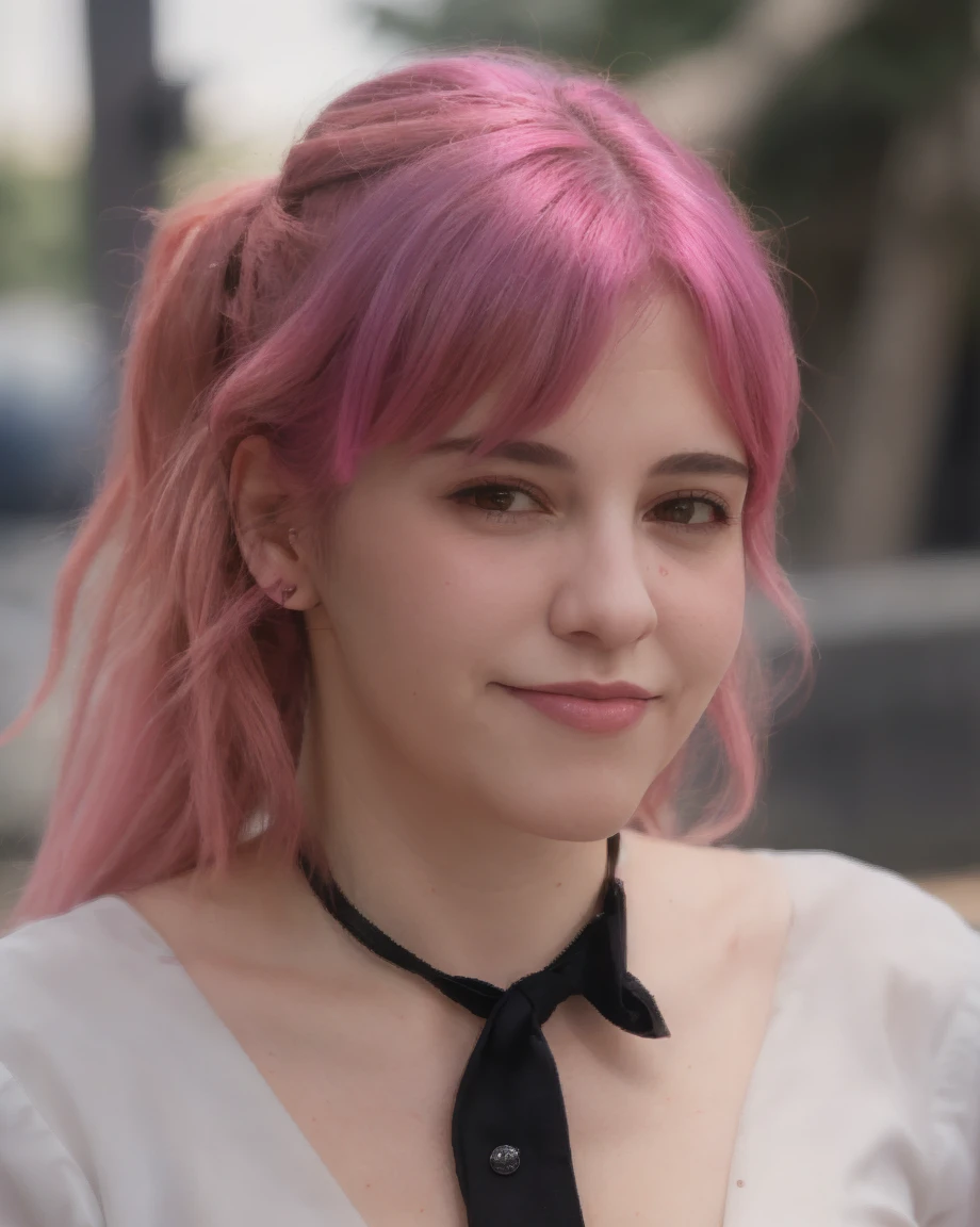 a picture of m4riaB,pink hair, realistic, photorealistic, detailed skin, surface scattering, bokeh, skin pores,<lora:m4riaB:1>,wearing a (cheerleader:1.3) uniform
