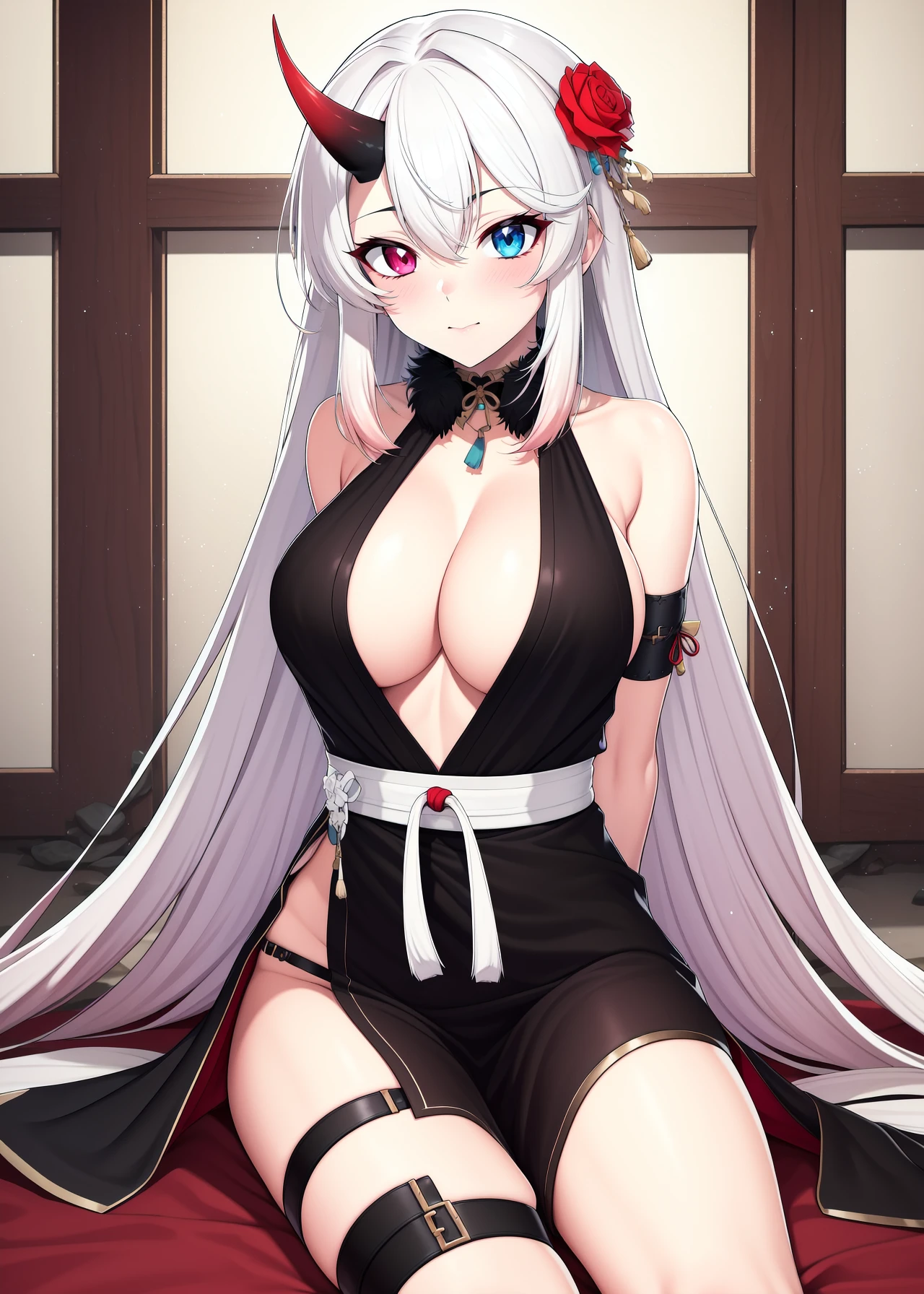 absurdres, highres, (official art, beautiful and aesthetic:1.2), ultra detail, beautiful person, 1girl, solo, gradient hair, long hair, bangs, blue eyes, red eyes, very long hair, multicolored hair, horns, 
hair ornament, cleavage, bare shoulders, flower, white hair,  sleeveless, hair flower, (black dress:1.1), bracelet, sideboob, thigh strap, heterochromia, pelvic curtain, arm strap, 
east asian architecture, temple, japanese shrine, indoors, 
shy, blush, arms behind back, looking at viewer, 
horns, single horn, 
<lora:Chifuyu_awakened_Divine:0.85>