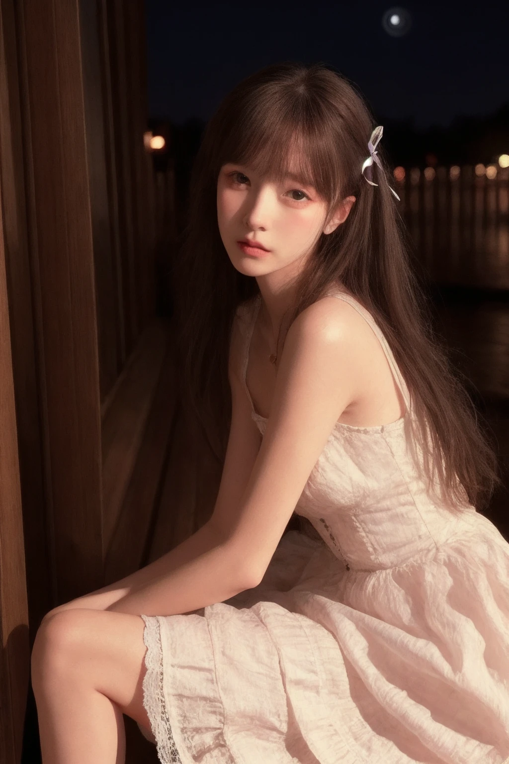 masterpiece, high quality,photorealistic,1girl,sundress, from side, sitting, blush, night, blush,hair ribbon, lace trim, 
 <lora:qbc_v3-000009:0.68>