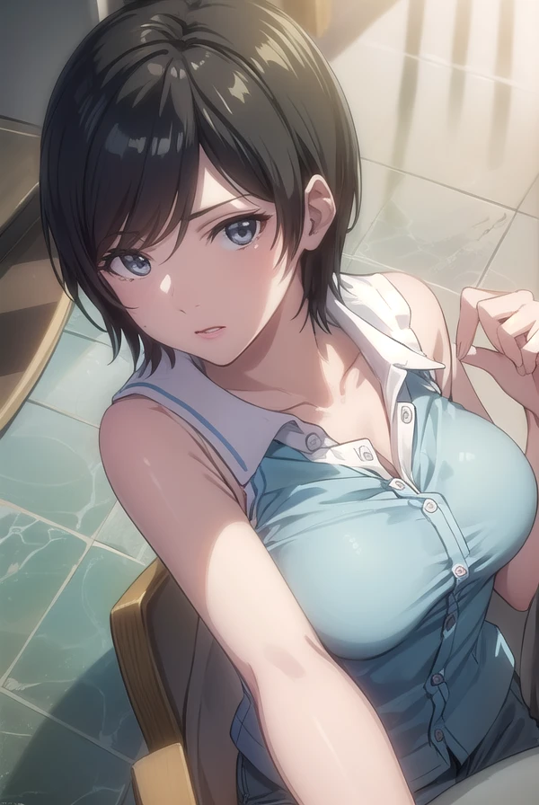 (Tabletop, Highest quality, High resolution, , Pixel perfect, 4K,), Natural brightness、One girl, Beautiful woman、The whole body is visible、 ((Wave shorthair、Blue ash glossy hair)), ((Gray Eyes, Beautiful eyelashes, Realistic eyes)), ((Detailed face, blush:0.6)), ((Smooth texture:0.75, Realistic texture:0.65, Realistic:1.1, Anime CG style)), Mid-chest, Dynamic Angle, Perfect body, university student、((Sleeveless open neck blouse、tight skirt with a slit、Simple necklace、Cute Earrings)), look up、A shy smile、Accentuate your breasts、Bending over and peering、Sit with your legs apart、Attractive thighs、Angle from below、hotel lobby、I can see the blue pants