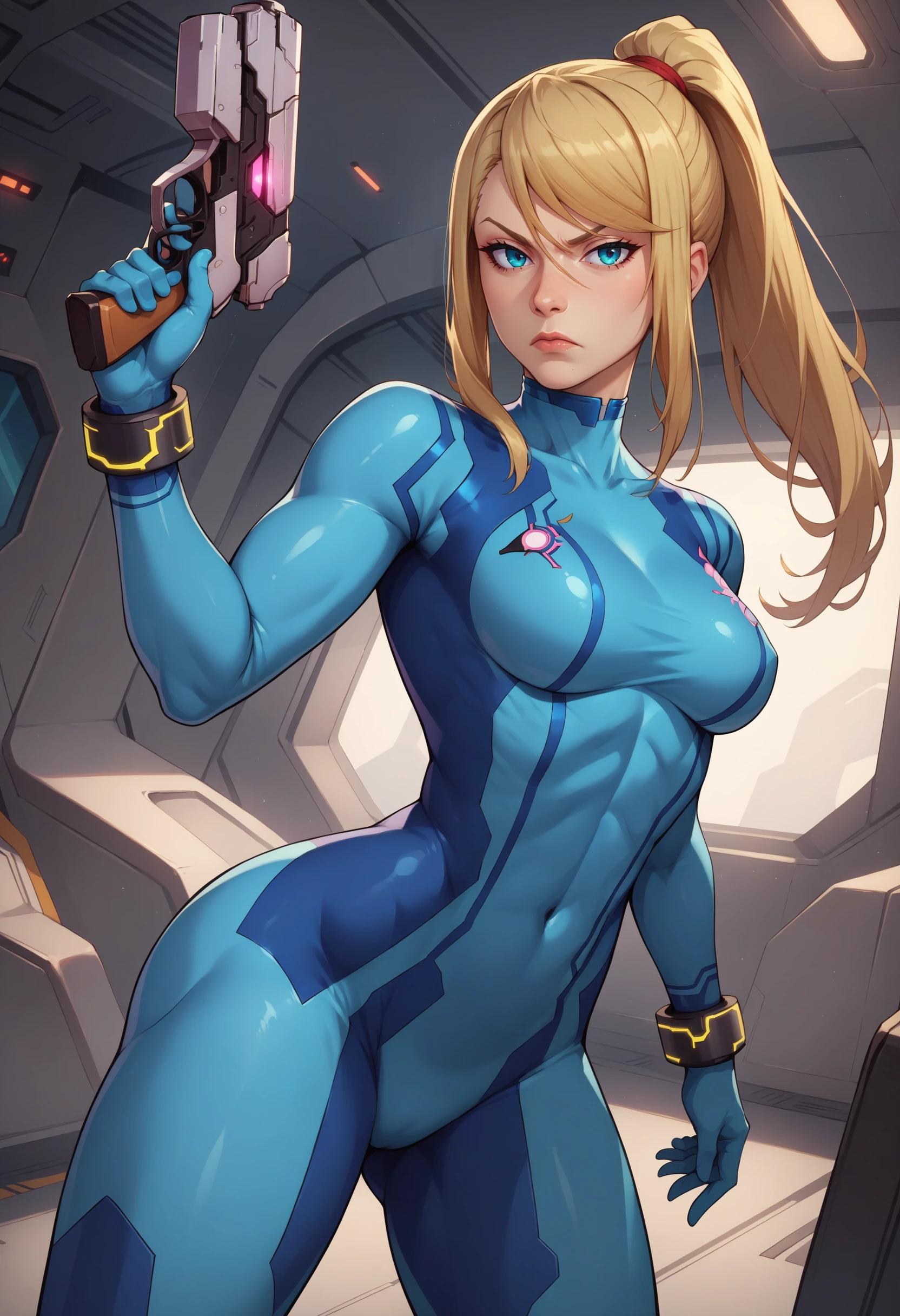 masterpiece, best quality, 1girl, (neoartcore:0.25), high quality cg defsamus, blonde hair, sexy, naked. blue gloves, pink nipples, hand on hip, looking to the side, futuristic