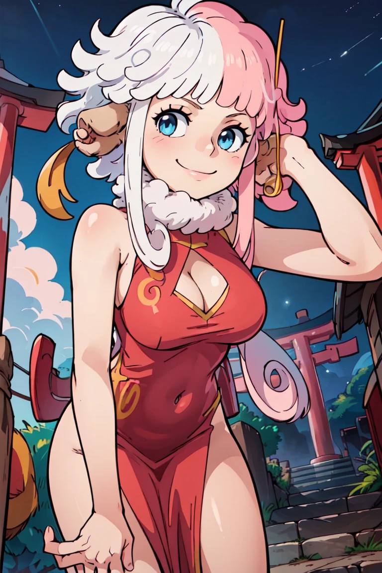 ((masterpiece,best quality)), <lora:Vegapunk_Atlas:0.8> Vegapunk_Atlas, solo, 1girl, blue eyes, multicolored hair, split color hair, pink hair, white hair, fur trim, solo, smile, looking at viewer, cowboy shot, china dress, pelvic curtain, side slit, double bun, bun cover, cleavage cutout, sleeveless, print dress, covered navel, no panties, outdoors, night, torii, shrine, east asian architecture, leaning forward, hand on own thigh, from above, smile,