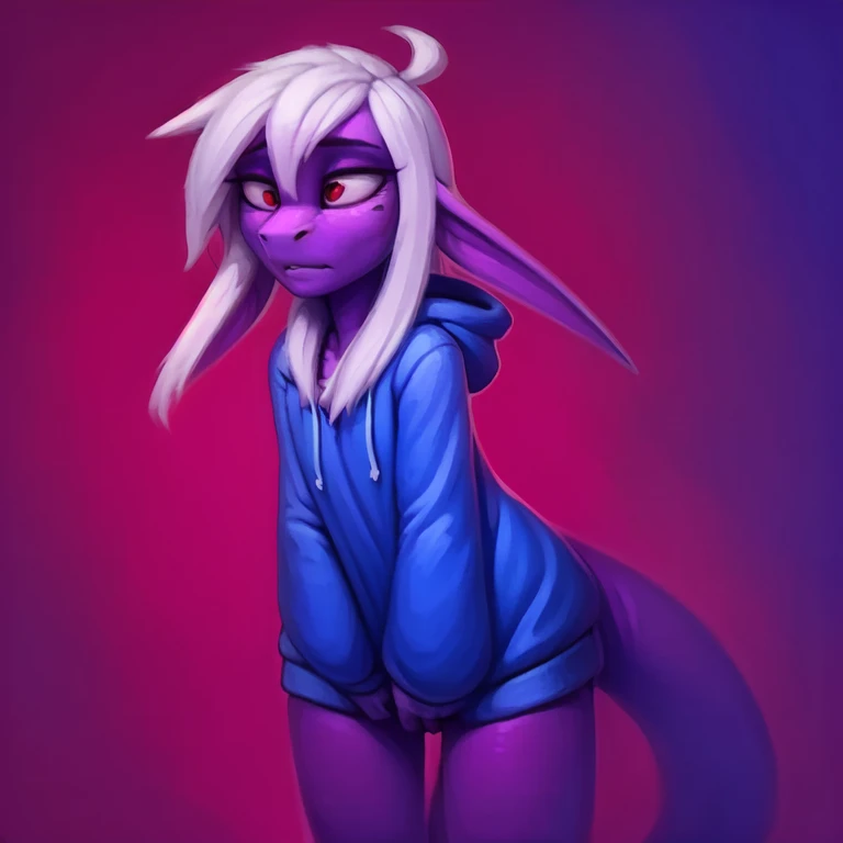 masterpiece, best_quality, furry_female, pandora, dragon, standing, fuzzy pink hoodie, flat_chested, bothered, raised_eyebrow, disappointed, (red and blue background:1.4), <lora:y-Pandora-000005:0.8>, (anime style, art by photonoko, art by ro:1.2)