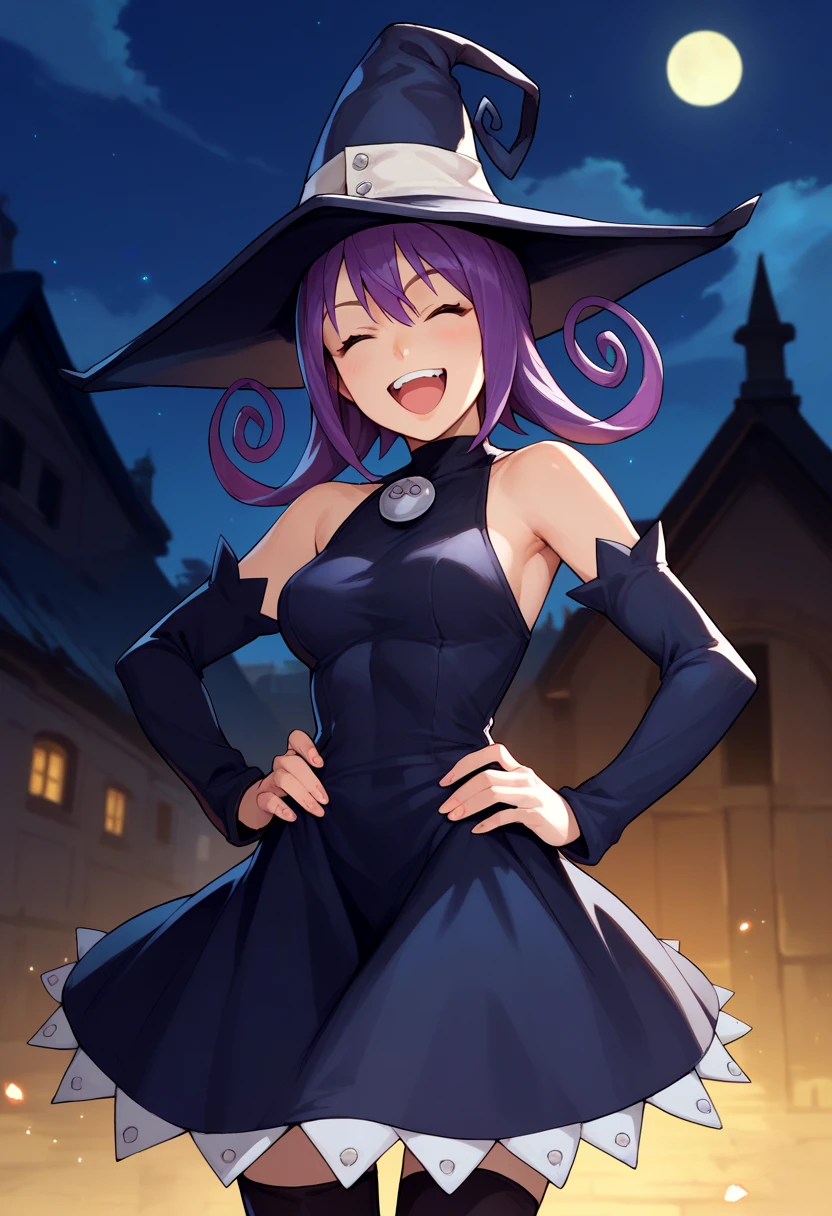 centered, award winning photo, (looking at viewer:1.2), | smile, Blair_Soul_Eater, curvy, witch hat, short skirt, thighhighs |dark magic, crescent moon, | dynamic pose, contrapposto, bokeh, depth of field, cinematic composition, | <lora:Blair_Soul_Eater:0.7>