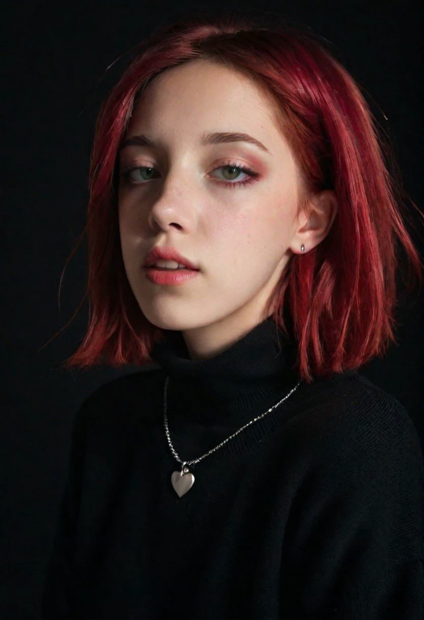 1girl, woman, (amateur), (high quality:1.2), 8k, ame detailed skin, dark studio, rim lighting, dimly lit, low key, cold_light, black_background, perfect lips, from_above, pov, (crimson_hair:1.2), messy_hair, bobcut, forehead, (close-up:1.3) , Liz, palaroid, (black sweater:1.2), moles on body, green eyes, standing straight, (clothes covers the neck), ear piercing, heart necklace, close mouth