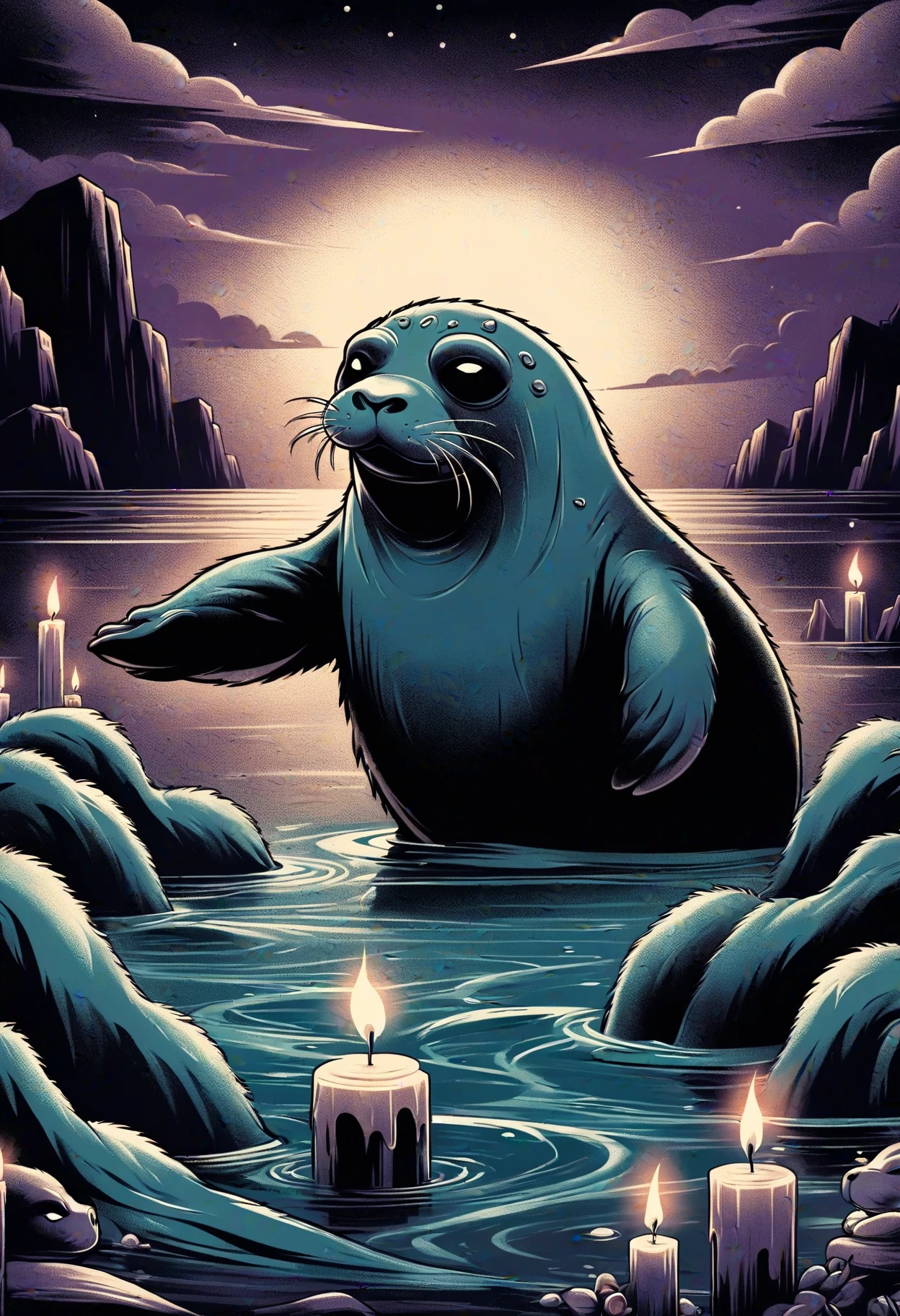 DonMD4rkT00nXL cartoon kappa, mythical enchanting mystical creature, seal in water attractive, wearing a seal skin cloak, connection to the sea, transformation, love, tragedy, candlelit,unreal    <lora:DonMD4rkT00nXL-000008:1>