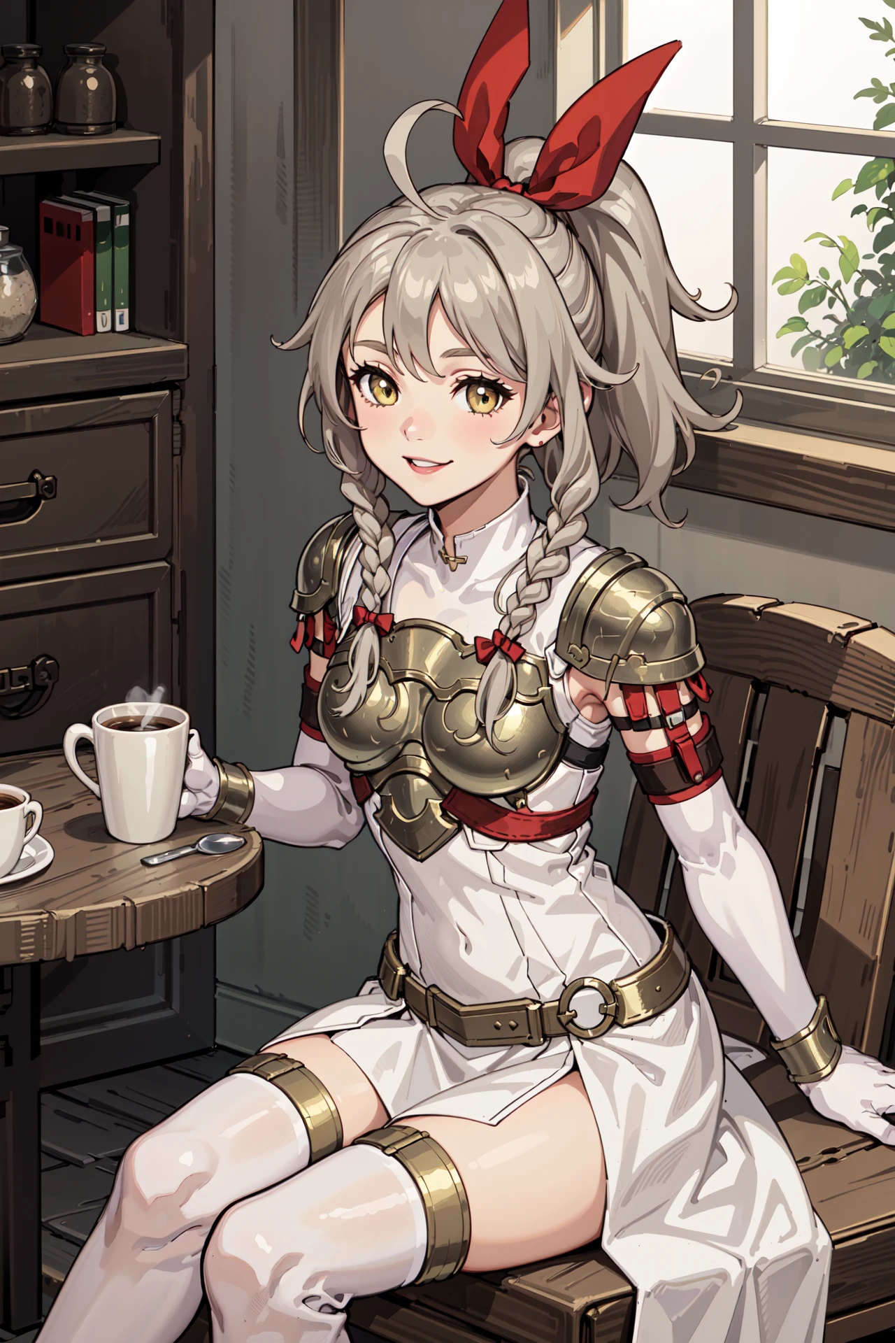 sitting on chair,table,coffee,smile,<lora:emmaV1-000011:0.8>,emma,hair ribbon,short hair,ponytail,twin braids,ahoge, swept bangs,white dress, white elbow gloves, shoulder armor, armor, thigh boots, pelvic curtain, white thighhighs, breastplate, gold trim,cafe,indoors, (masterpiece, best quality, ultra-detailed, best shadow)