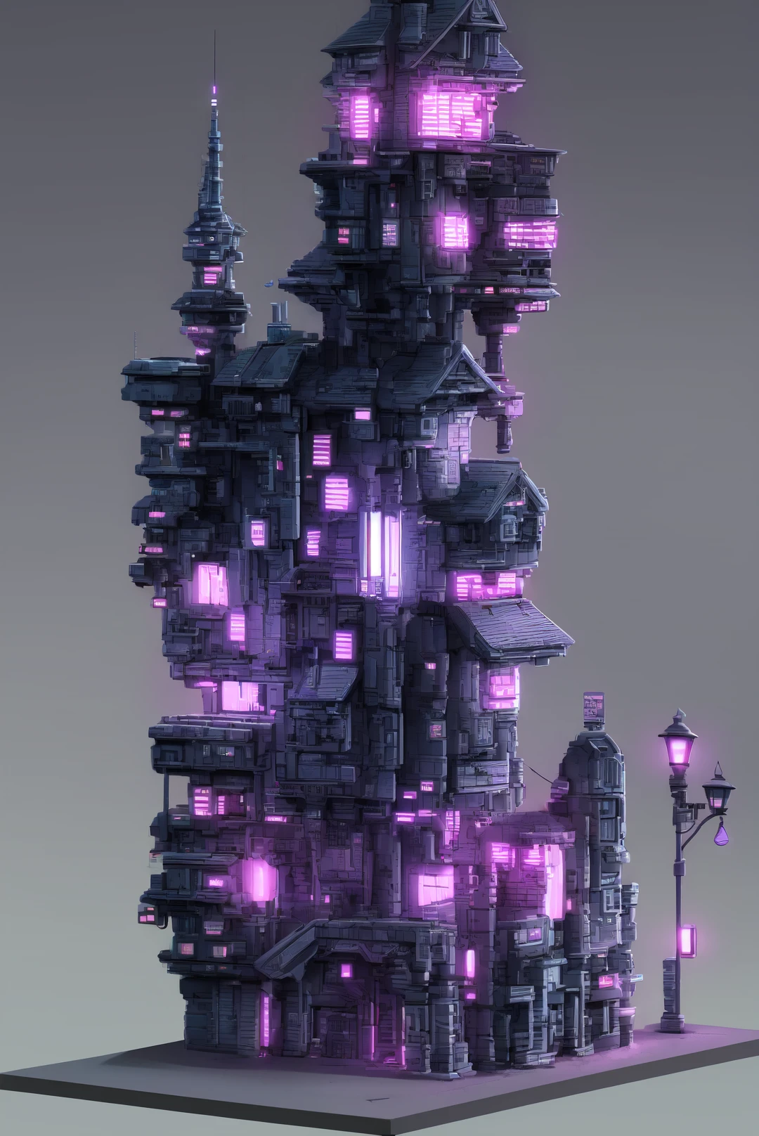 <lora:CyberBuild:1> CyberPunkBuilding, grey background,no humans,night,building,scenery,bridge,lamppost,tower,