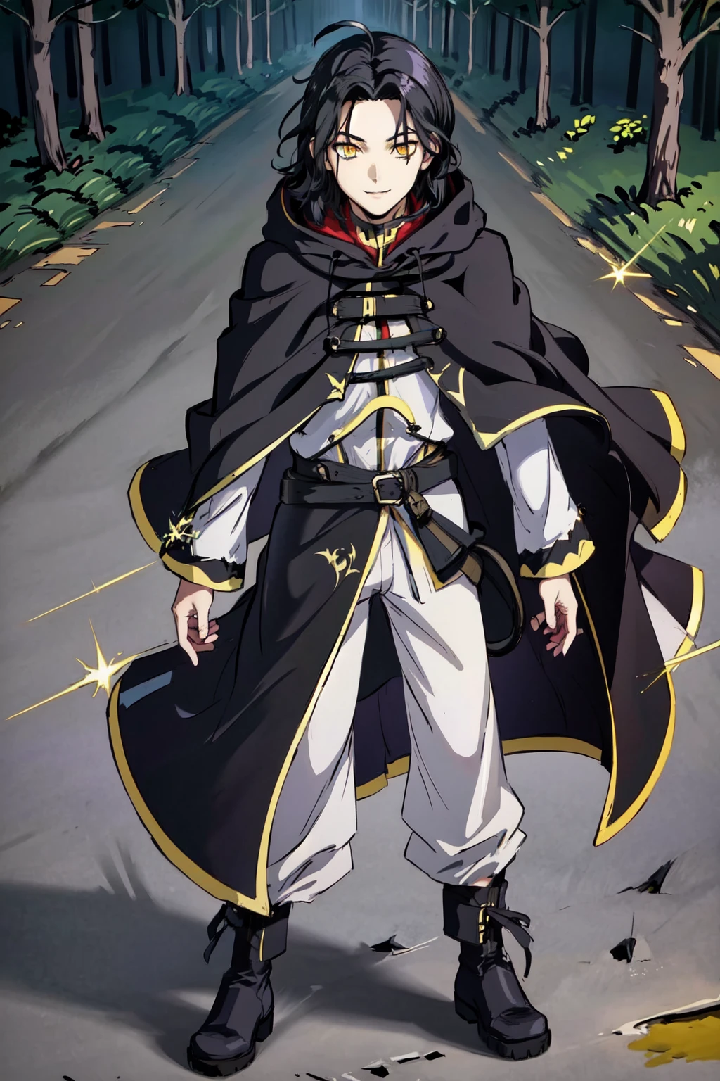masterpiece,best quality,1boy,ephidel,standing,robe,capelet,cloak,hooded cloak,hood up,purple cloak,thick robe,pants,boots,naughty smile,ahoge,outdoors,in forest,full body,yellow eyes,black hair,<lora:EphidelFEL:0.85>, <lora:LORA-XenoDetailer-v2:0.1>