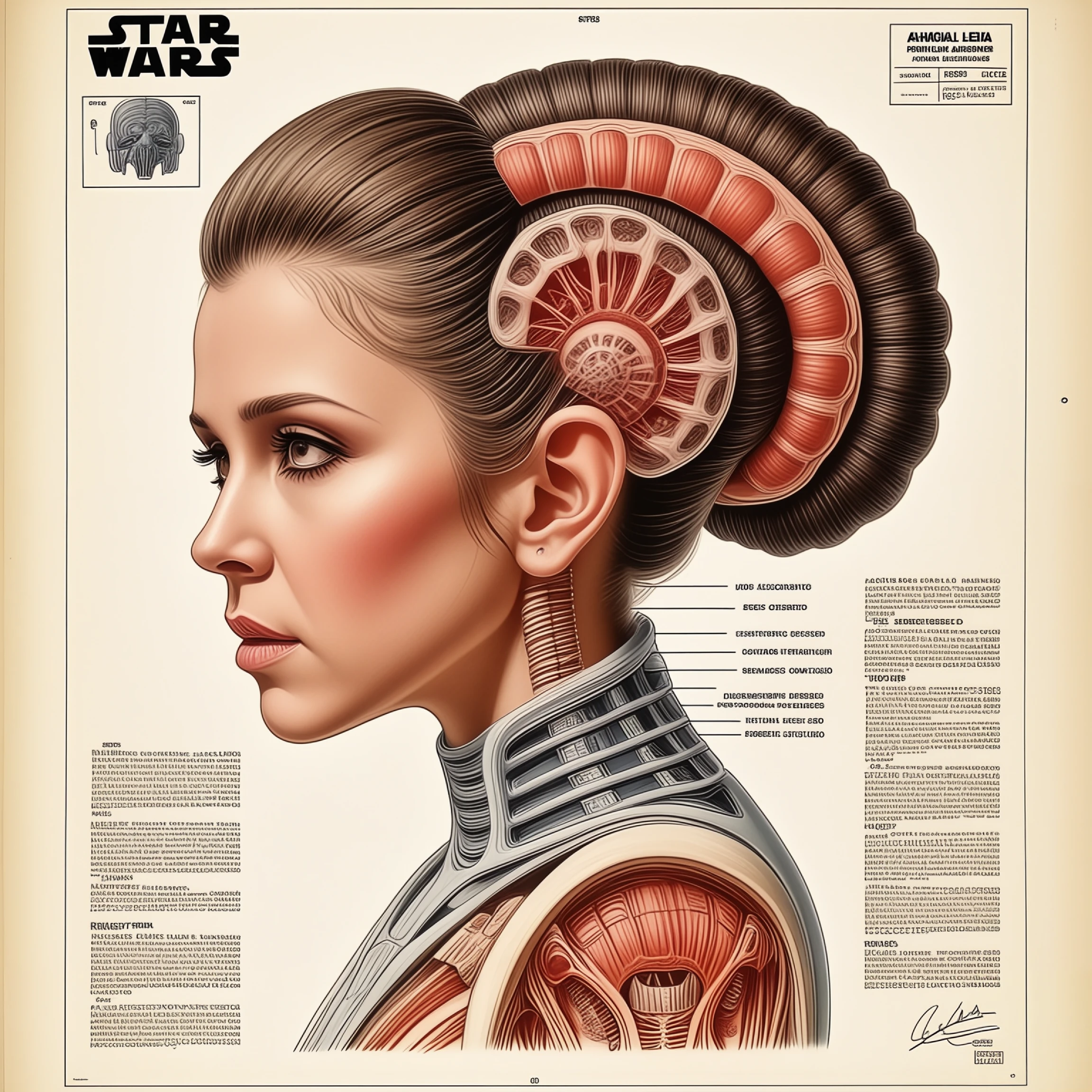 anatomical, This is an illustration combining a human anatomical diagram with a character who resembles Princess Leia as portrayed in the Star Wars films. The character's head is intact, with the signature hair style, but the body is depicted as an anatomical model showing muscles, bones, and internal organs. Various annotations and text blocks, likely detailing anatomical information, surround the figure. The overall style mimics vintage medical textbook diagrams. 