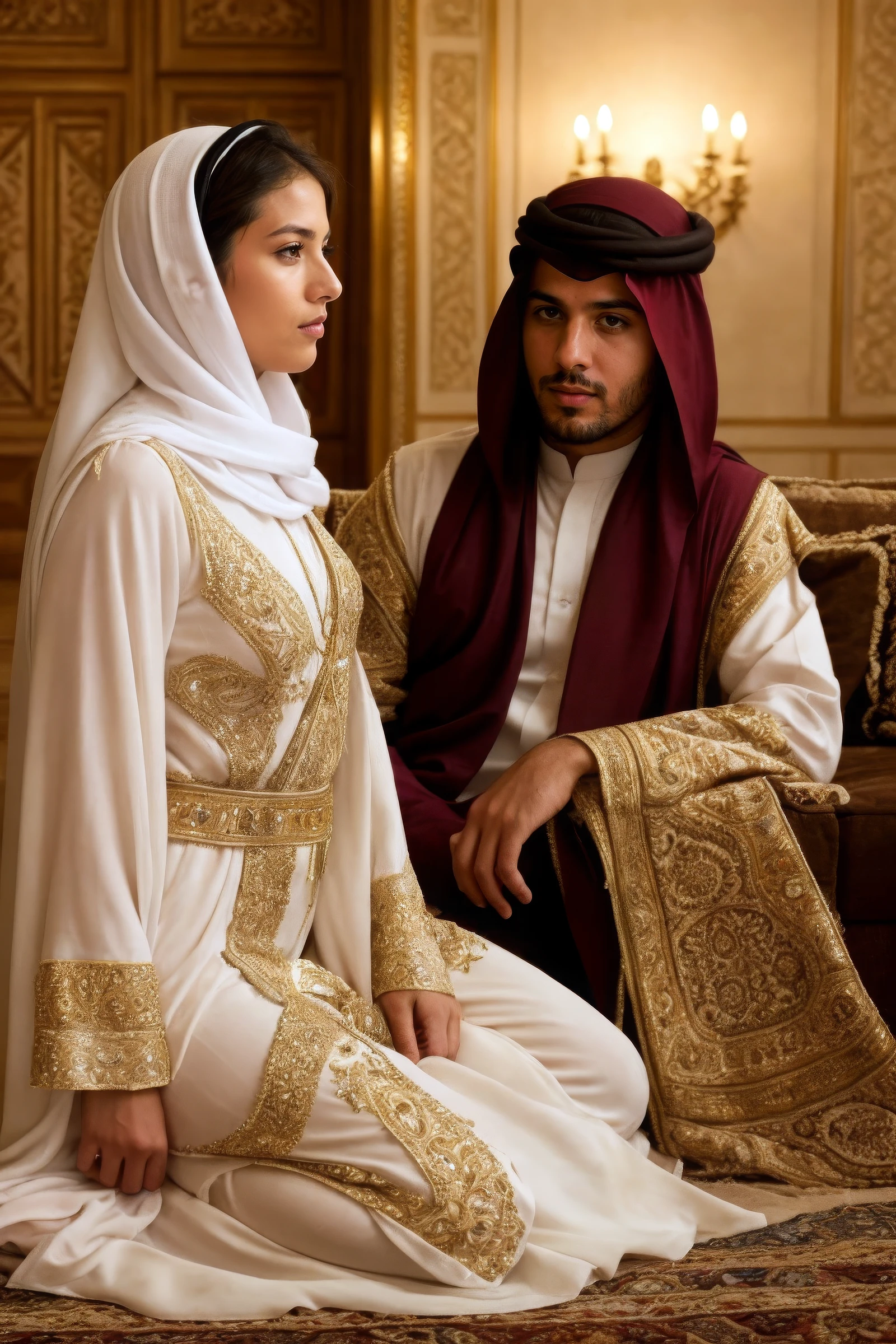 1girl, 1boy, arabian sheikh examining new harem addition, cinematic composition, extreme detail, metahuman creator, epic background, detailed arabian palace, nervous european girl standing in front of a man sitting on carpets and pillows, close up shot, detailed face, from side, grabbing another, eye contact, looking at another