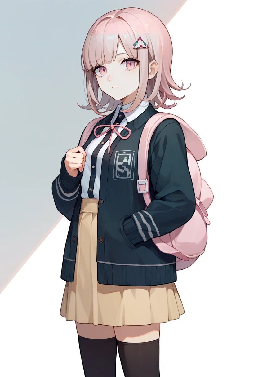 score_9, score_8_up, score_7_up, source_anime, solo, 1girl, nanami chiaki, expressionless, looking at viewer, standing, hairclip, black jacket, long sleeves, two-tone shirt, neck ribbon, brown skirt, thighhighs, backpack <lora:danganronpa2_nanami_ponyXL:1>