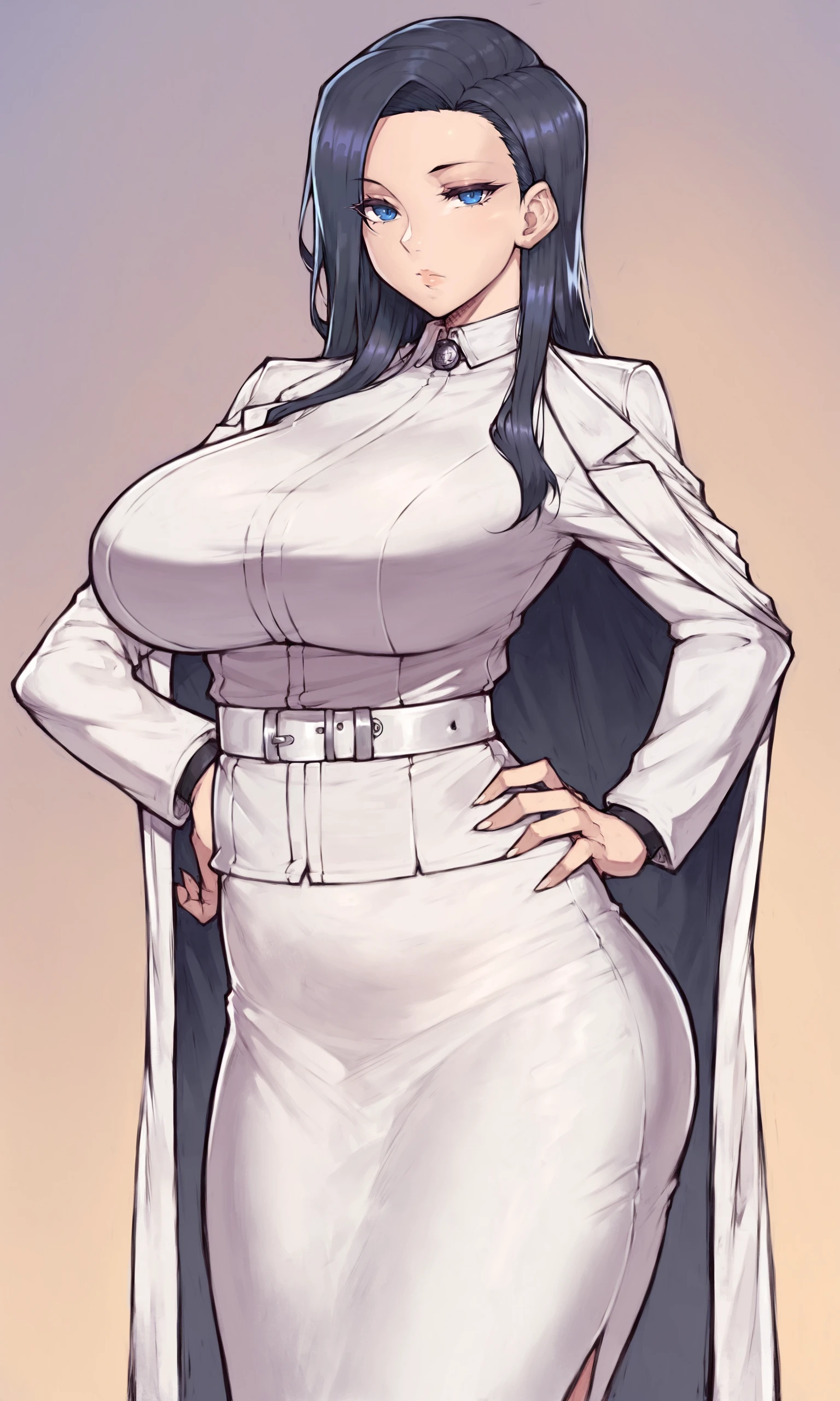 score_9, score_8_up, score_7_up, score_6_up, score_5_up, score_4_up, source_anime, asura \(asurauser\), (cutesexyrobutts:0.55), (sano_toshihide:0.8), (mature female:1.2), invdragon, invdragonoutfit, 1girl, hand on hip, looking at viewer, skirt, white skirt, belt, expressionless, formal, jacket, suit, shirt, long sleeves, white belt, closed mouth, pencil skirt, white jacket, uniform, gradient background, white shirt, dark blue hair, blue eyes, large breasts, long hair, bangs, straight hair, parted bangs <lora:Dragon5Pony:0.83>