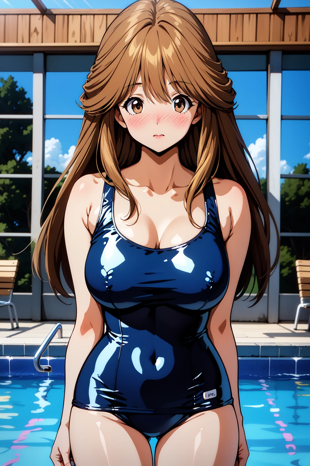 1girl, cowboy shot, large breasts, pool, nose blush,
kawai_iyona, brown eyes, brown hair, long hair, school swimsuit, <lora:kawai_iyonaCR_lora_ver1:0.7>, best quality, masterpiece, highres, <lora:GoodHands-vanilla:1>