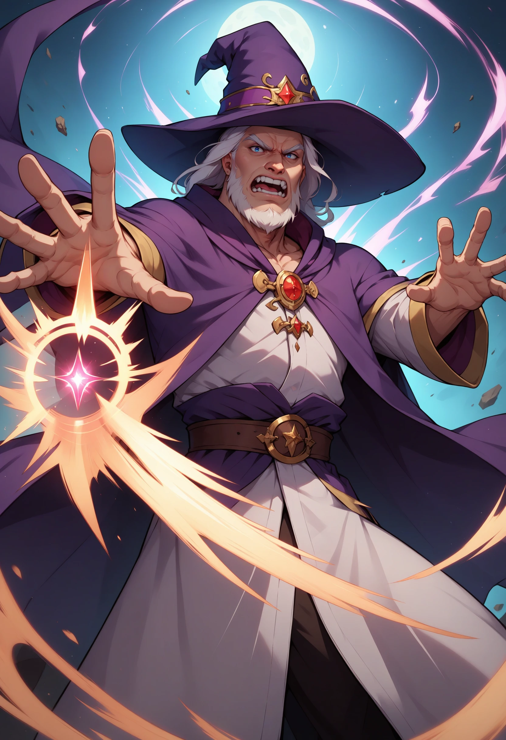 score_9, score_8_up, score_7_up, score_6_up, BREAK dynamic pose,angry,cowboy shot,wizard,robes,wizard hat,white hair,long beard,magic,spread arms, robes,magic,casting spell,old,mature male