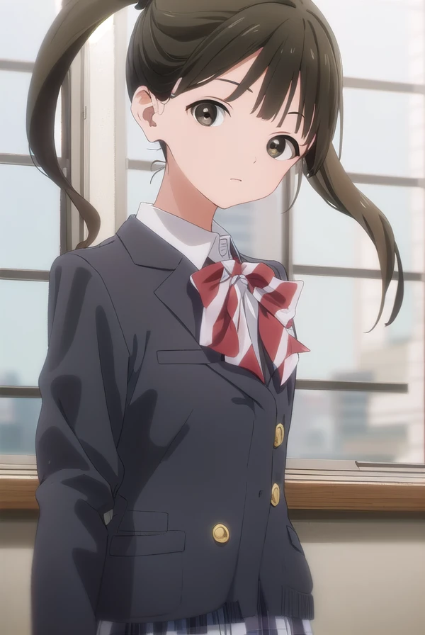 ayumitougeguchi, <lora:ayumi tougeguchi s1-lora-nochekaiser:1>,
ayumi tougeguchi, bangs, black hair, twintails, (brown eyes:1.5),
BREAK shirt, bow, school uniform, jacket, white shirt, striped, collared shirt, bowtie, red bow, black jacket, blazer,
BREAK indoors, classroom,
BREAK looking at viewer, (cowboy shot:1.5),
BREAK <lyco:GoodHands-beta2:1>, (masterpiece:1.2), best quality, high resolution, unity 8k wallpaper, (illustration:0.8), (beautiful detailed eyes:1.6), extremely detailed face, perfect lighting, extremely detailed CG, (perfect hands, perfect anatomy),