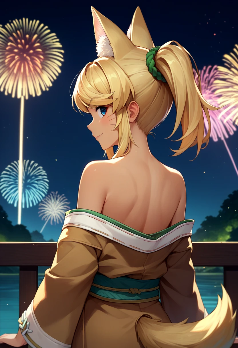 score_9, score_8_up, score_7_up, source_anime, from behind, solo, 1girl, pokanliru, dark skin, whisker markings, smile, looking back, ponytail, wolf ears, brown kimono, off shoulder, wolf tail, bare shoulders, fireworks <lora:pokan_liru_ponyXL:1>