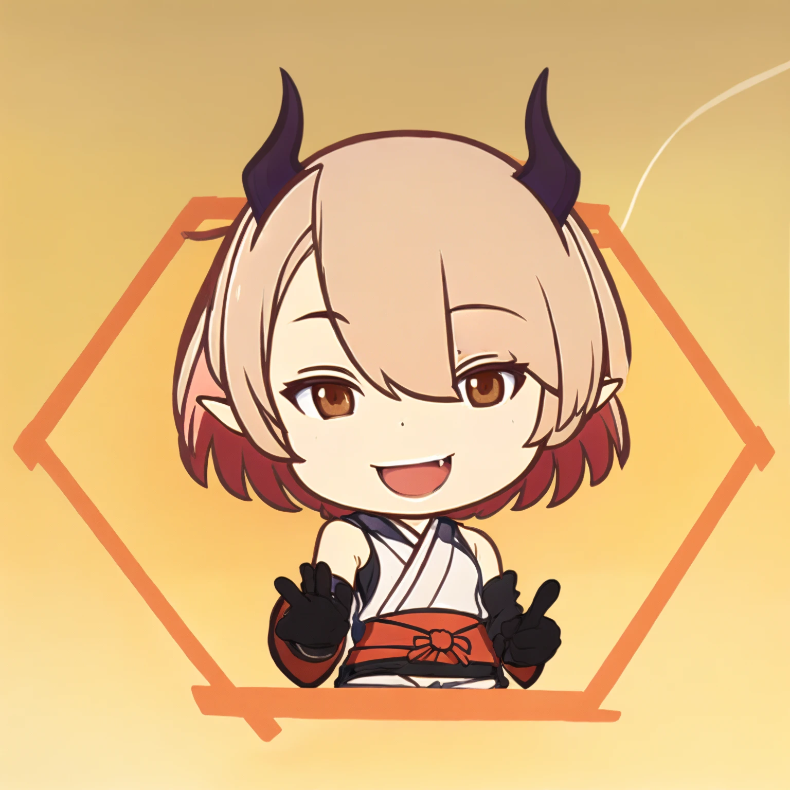 (simple background:1.6), youukki, smile, short hair, red hair, oni horns, brown eyes, hair between eyes, pointy ears, skin-covered horns, looking at viewer, gloves, black gloves, midriff, sleeveless, fang, bare shoulders, shorts, <lora:Himesama_Goumon_Youukki_00_01:0.8>, brdrgi, chibi, <lora:Border_GIi_00_02:1.0>