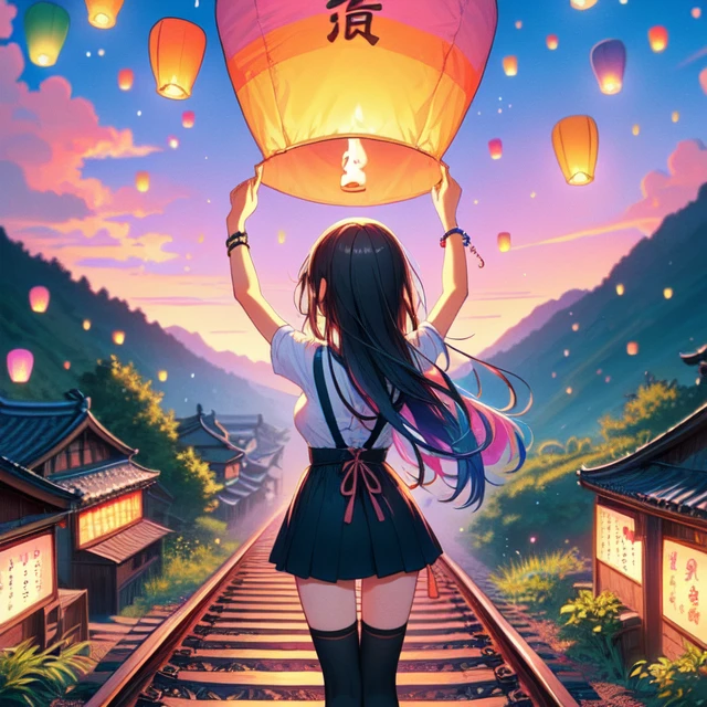 (((masterpiece))), (((best quality))), ((from behind)), (((colorful sky lantern with chinese word))), ((hands close to fire)), ((standing on railway)), ((storefront)), ((raise head)), ((arms up)), suspender skirt, tourists, twilight, hillside, ramp, stone steps, mount, greenery, low house, solo, 1girl, (((big tits))), ((bracelet)), ((longhair)), hairclip, ribbon, sweat, daze, shy, blush, slim figure, thighhigh, <lora:girllikecolorfulskylantern:1>