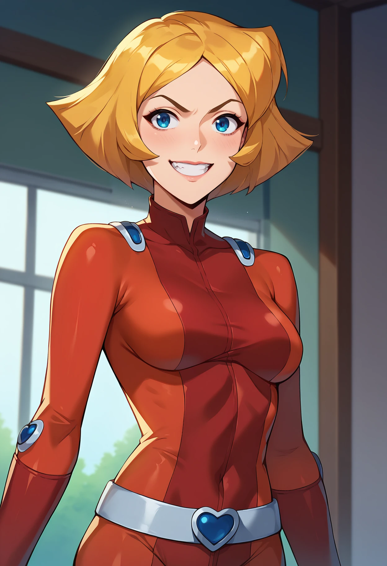 high colours, no blur, clover \(totally spies\), 1girl, solo, blonde hair, short hair, blue eyes,
red bodysuit, belt,
smile, open mouth,cowboy shot, standing,
forest,outdoor, spread legs, shy,
(insanely detailed, beautiful detailed face, masterpiece, best quality) cinematic lighting, cameltoe, back view, ass