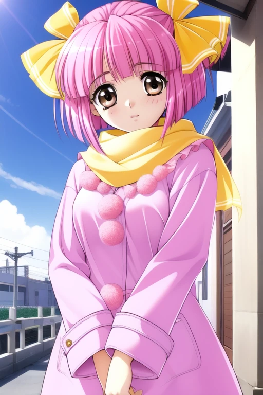 <lora:Itsuki_Momoko:0.9>,ItsukiMomoko, 1girl, solo, pink hair, brown eyes, short hair, pom pom (clothes), hair ribbon(Yellow), bangs, short twintails, outdoor, sky, hospital,
scarf, coat, shoes, happy, standing, looking at viewer, cowboy Shot,
masterpiece, high quality, very_high_resolution, large_filesize, full color,
