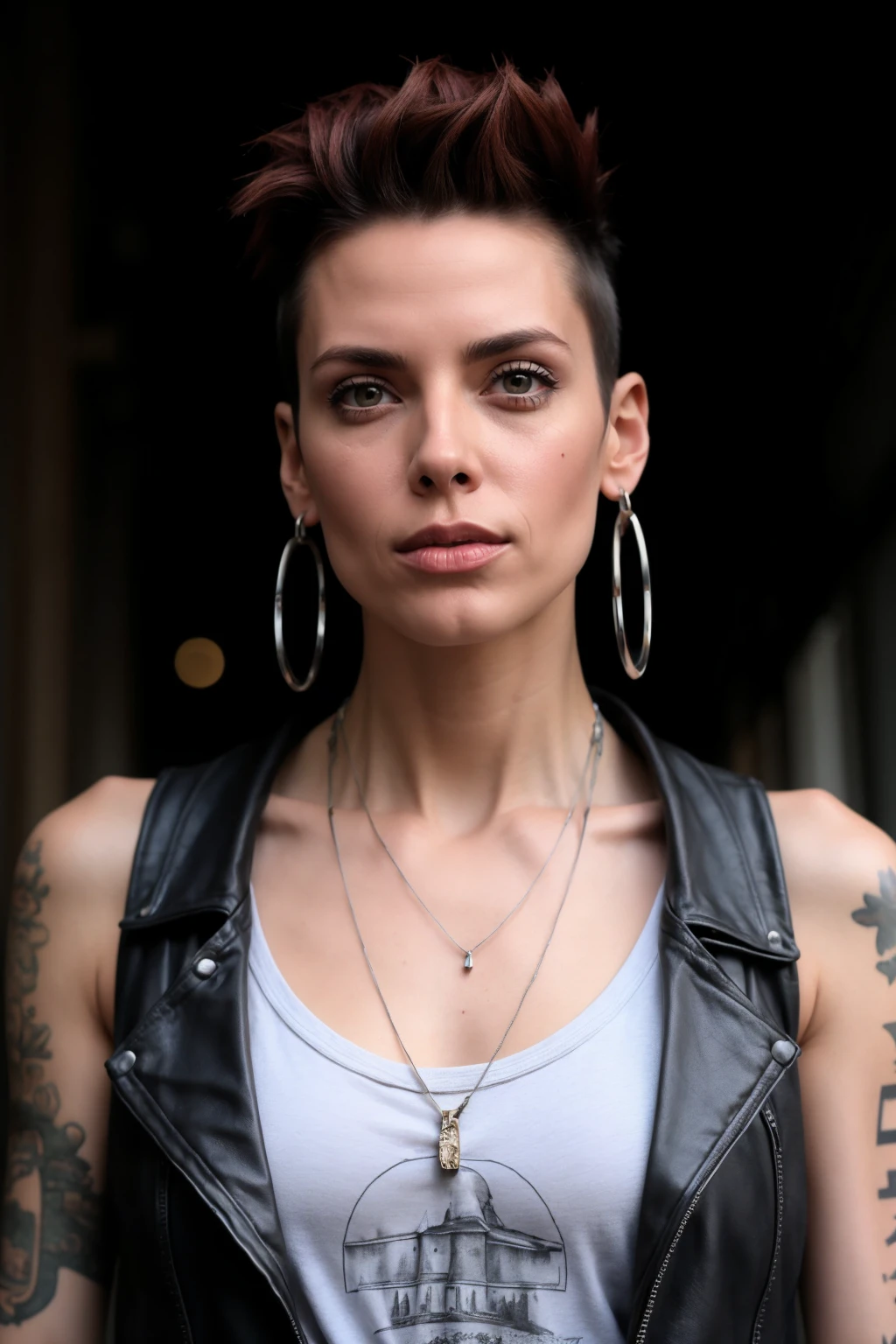 mary elizabeth winstead, ((woman staring intensely into the camera)), standing at a bar, black short hair, bangs, tattoo, goth aesthetic, punk rocker, abs, dark eyeshadow, black lipstick, worn-out jeans, (((small))) breasts, black leather tank top, <lyco:locon_maryelizabeth_v1_from_v1_64_32:1.6>