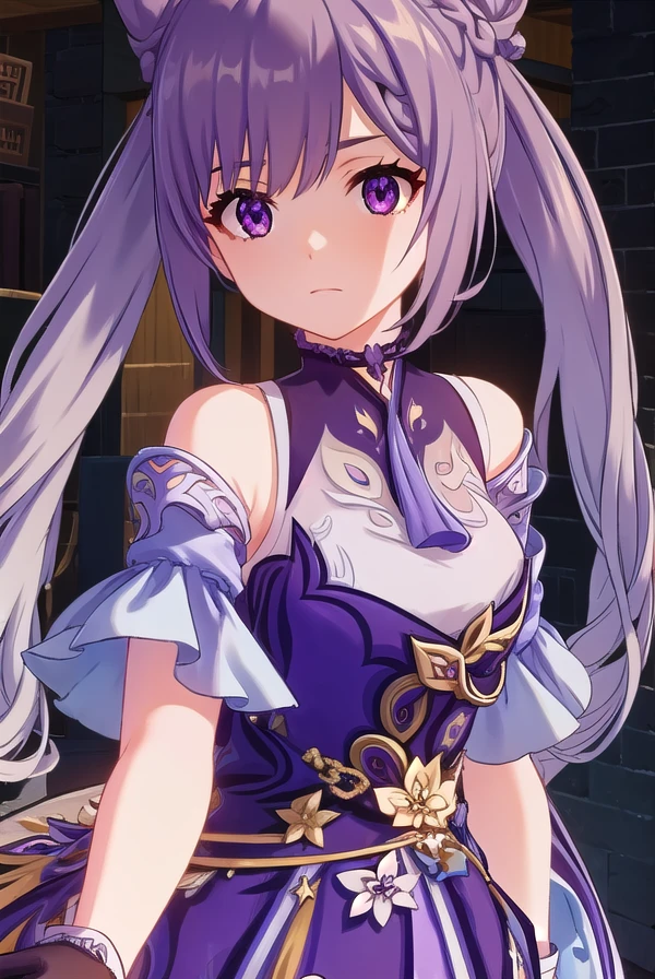 keqing, <lora:genshin keqing ingame-lora-nochekaiser:1>,
keqing, long hair, bangs, hair ornament, twintails, (purple eyes:1.1), purple hair, braid, hair bun, double bun, cone hair bun,
BREAK gloves, dress, bare shoulders, detached sleeves, choker, purple dress, purple gloves,
BREAK outdoors,
BREAK looking at viewer, (cowboy shot:1.5),
BREAK <lyco:GoodHands-beta2:1>, (masterpiece:1.2), best quality, high resolution, unity 8k wallpaper, (illustration:0.8), (beautiful detailed eyes:1.6), extremely detailed face, perfect lighting, extremely detailed CG, (perfect hands, perfect anatomy),
