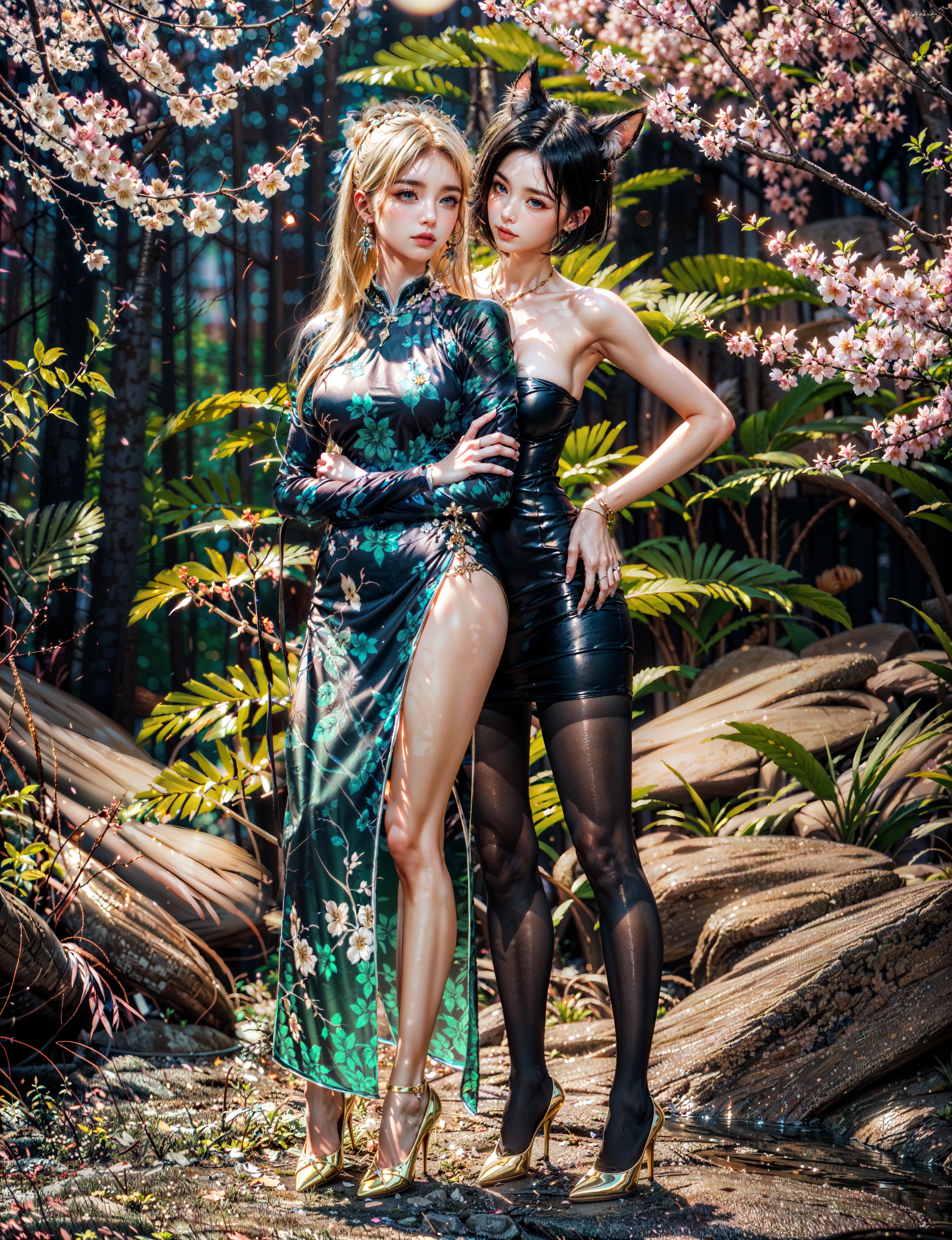 (2girls),  wearing stilettos, (3d, realistic, extremely detailed CG, extremely detailed 8K wallpaper, solo, sharp focus, soft lighting, (extremely delicate and beautiful:1.2):1.1), rocks, (fantasy forest:1.5), (river), (sakura trees:1.5), flowers, (evening:1.1), (dark, night time:1.5), Ultra-realistic 8k CG,masterpiece,best quality,(photorealistic:1.3) ADDCOMM
(lusanna), 1girl, woman, shy, (blue long dress), blue qipao, (blond long hair:1.5), (hair pin:1.2), (slender legs),  [<lora:lostark_lusanna:0.7> #cmd\(cooldown\(0.7\)\)] ADDCOL
(alancea), 1girl, smirk, woman, (short hair), (black hair), cat ears, strapless, (black dress:1.5), gold bracelets, gold necklace, bare shoulder, large breast, (slender legs), (black pantyhose), [<lora:lostark_alancea:0.7> #cmd\(cooldown\(0.4\)\)]