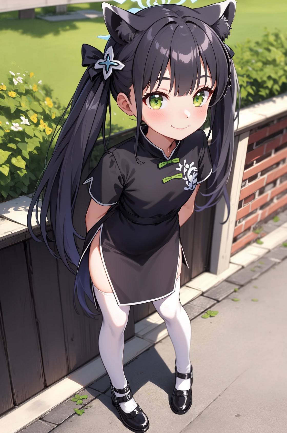 1girl, solo, (masterpiece, best quality), outdoors, street, full body, from above, shun, green eyes, black hair, bangs, twintails, hair bow, hair ornament, animal ears, halo, chinese dress, black dress, short sleeves, white thighhighs, black shoes, flat chest, smile, closed mouth, leaning forward, arms behind back