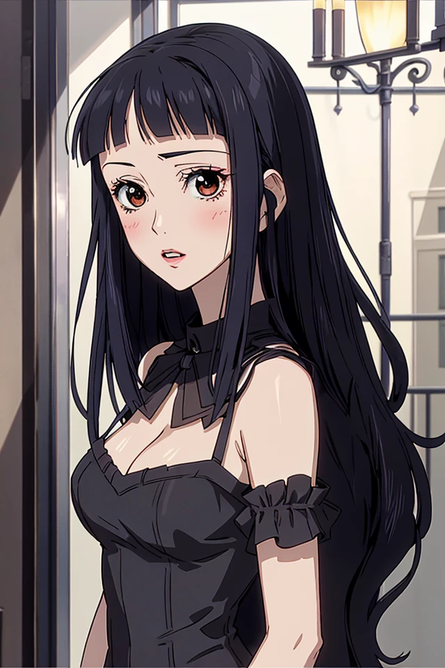 Yukari_Hayasaka, 1girl, (masterpice:1.3), highres, high-detailed, high quality, (perfect face and eyes), detailed face, dynamic light, black hair, long hair, baby bangs, blunt bangs, makeup, tall, skinny, fashion, model, fashion model, (black satin dress:1.2),