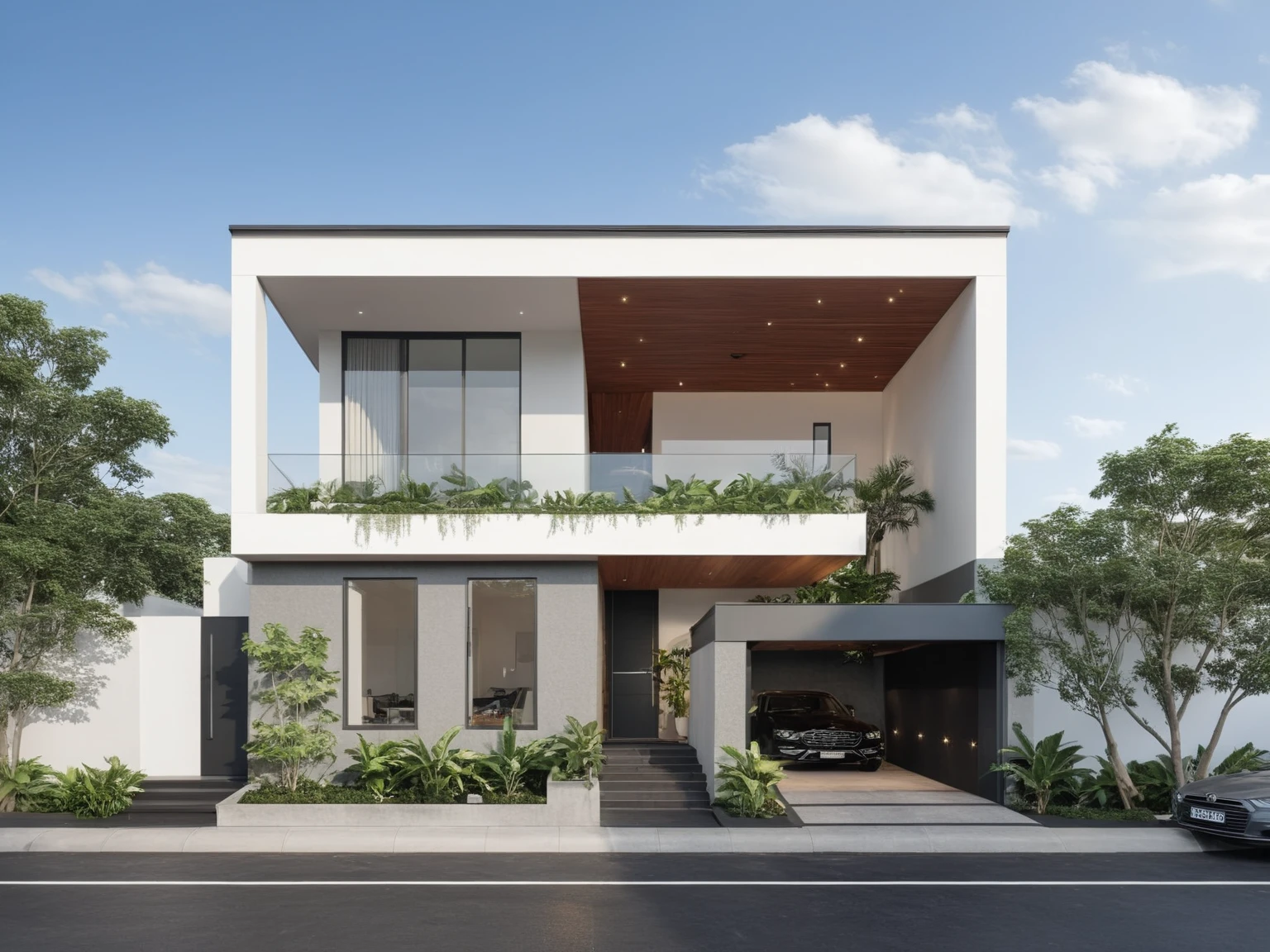 Architectural style Architectural style, <lora:JJsModernStyleHouse_XL:1>, ((Modern Style House)),(masterpiece) , ((best quality)), dramatic lighting, high quality outdoors, sky, day, cloud, tree, blue sky, building, scenery, road, real world location, sunlight, enough detail, high resolution,super realistic, Photorealistic, highly detailed, balcony, plants, door, car, paving, , architectural drawing, highly detailed , . Clean lines, geometric shapes, minimalist, modern, architectural drawing, highly detailed