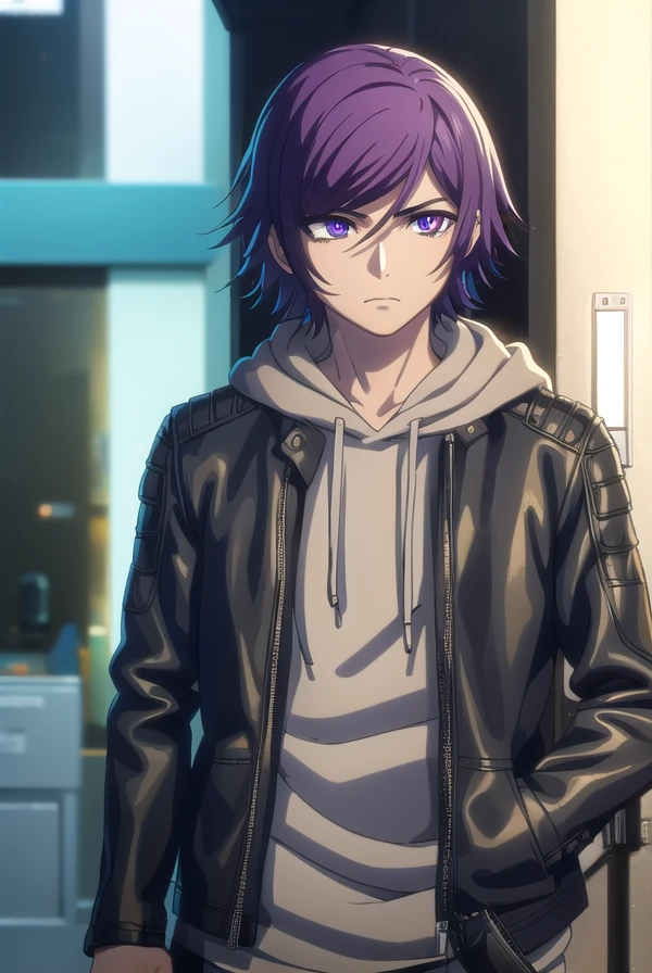 akudamacourier, <lora:akudama courier s1-lora-nochekaiser:1>,
courier, short hair, bangs, purple hair, male focus, (purple eyes:1.1),
BREAK jacket, open clothes, pants, hood, open jacket, black jacket, hoodie, black pants, hood down,
BREAK outdoors, city,
BREAK looking at viewer, (cowboy shot:1.5),
BREAK <lyco:GoodHands-beta2:1>, (masterpiece:1.2), best quality, high resolution, unity 8k wallpaper, (illustration:0.8), (beautiful detailed eyes:1.6), extremely detailed face, perfect lighting, extremely detailed CG, (perfect hands, perfect anatomy),