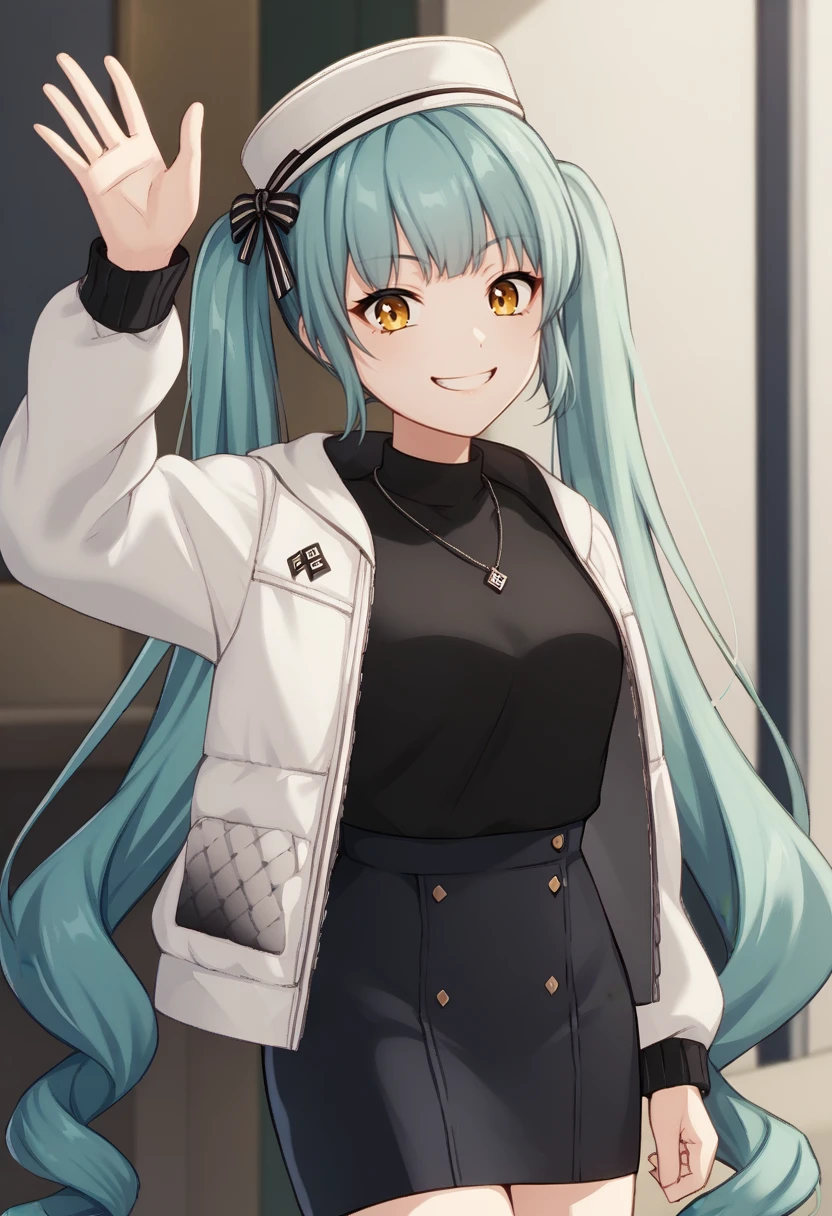 score_9, score_8_up, score_7_up, source_anime BREAK 1girl, solo, <lora:privaty-nikke-richy-v1_pdxl:1> privatycasual, yellow eyes, aqua hair, twintails, very long hair, white headwear, white jacket, black sweater, black skirt, <lora:pochimaru-artist-richy-v1_pdxl:1> waving, smile