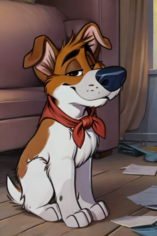 (by Meesh), (by darkgem:0.8), (by chunie:1), masterpiece,, detailed fur, viewer, (detailed pixar eyes:1.2), detailed eyes, male, <slora:add_detail:0.3> (Dodger), (Dog, Mutt, Terrier), (Red Kerchief), (Grey Snout, Shaggy snout), (Non-anthro, Feral, Full body)